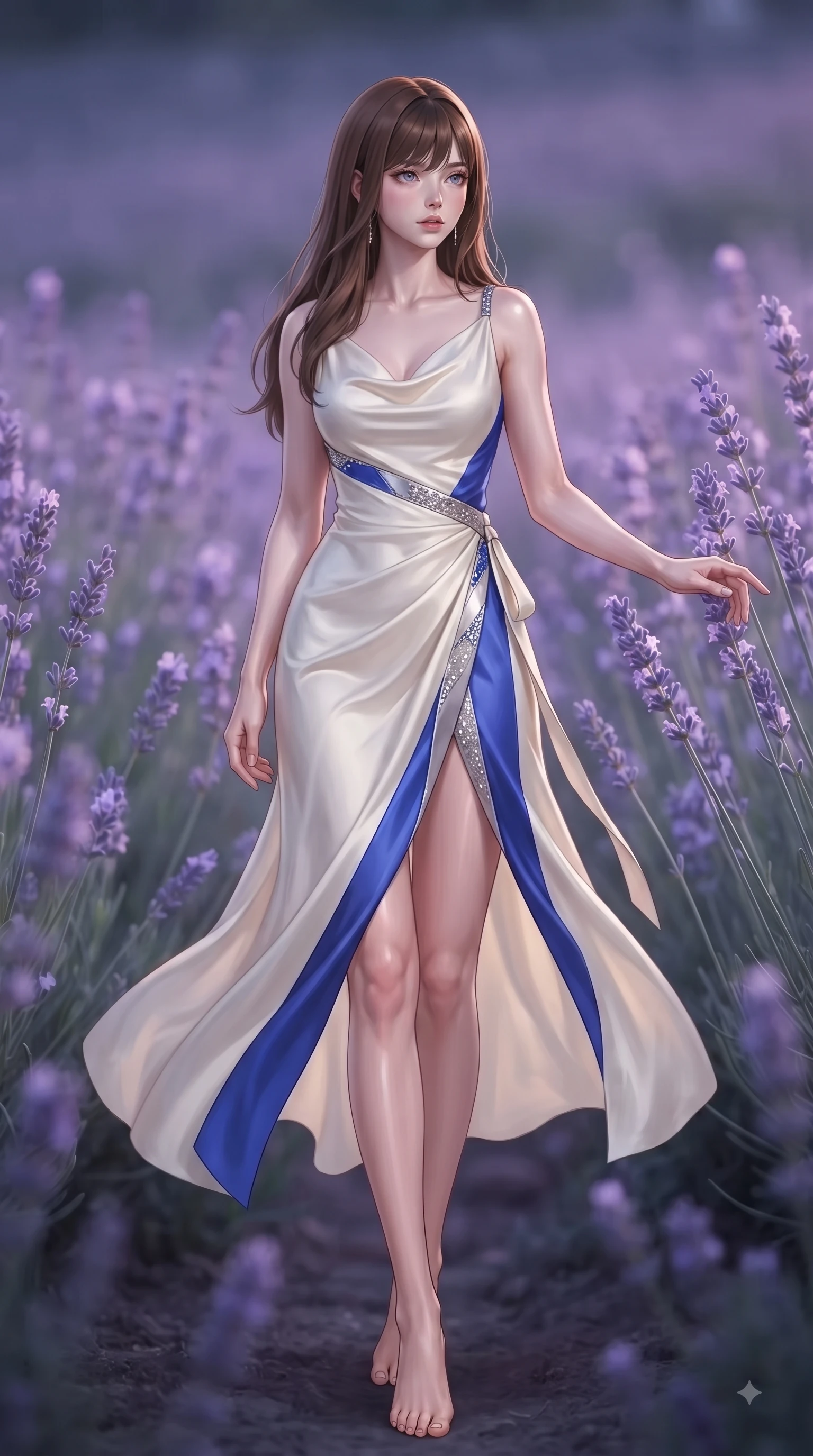 score_9, masterpiece, best quality, ultra-detailed, high-budget anime keyframe, editorial fashion photography, tasteful artistic composition, Korean woman. low angle full-body shot from head to toe showing her feet, filling the entire 9:16 vertical frame with her statuesque presence, stretching her vertical silhouette. Tender lingering expression with a quiet reluctant backward glance, as if hesitating to leave the moment while reaching out softly to touch flowering lavender stalks while looking into the camera lens. The composition keeps background elements in soft focus with dreamy bokeh. swaying flower stems and soft twilight skies softened by gentle shallow depth of field. She has an absolutely perfect, statuesque 8.5-heads proportion, an exceptionally tall and slender model-like female figure with impossibly long slender legs and an ultra-slim waist. sharp v-shaped jawline, high-bridge nose, intricate jewel-like eyes with depth, thick eyelashes, glossy lips with a natural sheen, flawlessly proportioned anatomical accuracy, natural body alignment, perfectly sculpted elegant limbs, clean dynamic posture without body distortion. wearing an elegant ivory silk cowl-neck dress with fluid draped lines in electric cobalt blue and polished silver accent, tailored from crisp high-density cotton poplin, accented with a delicate side waist sash creating fluid lines, the fluid drape swaying gracefully with her dynamic editorial movement. illuminated by soft ambient lavender reflections and delicate rim highlights. ultra-reflective glossy finish, specular highlights, metallic sheen, high-contrast stereoscopic depth, volumetric dynamic lighting, 2k, ultra detail, master piece, 9:16 ratio
