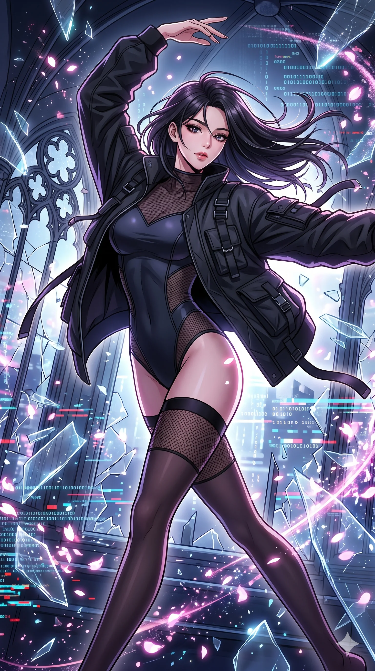 score_9, masterpiece, best quality, ultra-detailed, Set A: High-budget Anime Keyframe, Korean woman. Upper body close-up from the thighs up, character filling the screen for maximum presence. Dancing through a shattered glass cathedral, while a digital blizzard of 29 bits obscures the horizon and surrounded by digital sakura petals. She has an absolutely perfect 8-heads proportion, an exceptionally tall and slender female figure with impossibly long slender legs and an ultra-slim waist. Sharp v-shaped jawline, high-bridge nose, intricate jewel-like eyes with depth, thick eyelashes, glossy lips with a natural sheen. Wearing Heavy tactical bomber jacket worn over a micro-bodysuit with mesh stockings. Cinematic lighting, vibrant colors, dramatic shadows, 2k, ultra detail, master piece, 9:16 ratio