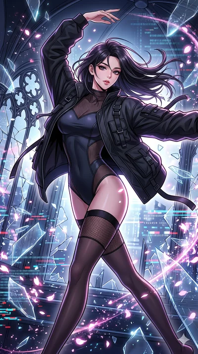 score_9, masterpiece, best quality, ultra-detailed, Set A: High-budget Anime Keyframe, Korean woman. Upper body close-up from the thighs up, character filling the screen for maximum presence. Dancing through a shattered glass cathedral, while a digit