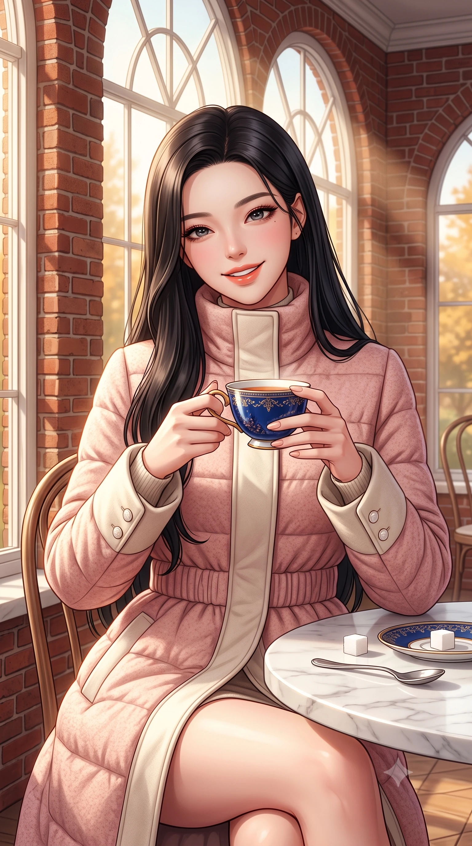 score_9, masterpiece, best quality, ultra-detailed, high-budget anime keyframe, semi-realistic 3D game render, editorial fashion photography, tasteful artistic composition, Korean woman. close-up cowboy shot from the waist and thighs up, the character dominates the composition, filling the frame with her large presence. holding a warm porcelain cup in both hands while tilting her head with an enchanting, beaming smile while sitting poised at a white marble conservatory tea table with hands resting gently on a porcelain cup, exuding high-society grace. The surrounding environment is rendered in vivid detail and crisp panoramic clarity: sharp red-brick masonry relief, delicate white painted window mullions, and fine porcelain teacup glaze in deep focus. She has an exceptionally elegant, slender, and willowy female figure with an ultra-slim waist, flat toned midriff, narrow ribcage, and sculpted feminine hips creating an alluring, slim hourglass silhouette without bulk. sharp v-shaped jawline, high-bridge nose, intricate jewel-like sparkling eyes with depth, thick eyelashes, glossy parted lips with a natural peach sheen, bright cheerful beaming smile with an enchanting and coquettish sensual glint, exuding both youthful cute charm and seductive allure, flawlessly proportioned anatomical accuracy, strict slender model proportions, natural body alignment, perfectly sculpted long slender limbs, ultra-slim waistline, clean dynamic posture without body distortion. wearing a tailored quilted down coat with a cinched elastic belt and high funnel neck over thermal knit layers in Parisian pastel rose bouclé and cream pearl, tailored from heavyweight double-faced wool with clean architectural edges, finished with fine mother-of-pearl cuff buttons catching the soft ambient light, the streamlined silhouette following her natural slender proportions with sophisticated poise, enhancing her tall willowy presence. bathed in warm 3200K autumn sunlight streaming through floor-to-ceiling arched south-facing conservatory windows. highly saturated vibrant anime colors, detailed shading with soft gradients, rich glossy textures, high-contrast stereoscopic depth, volumetric dynamic lighting, master piece, 9:16 ratio