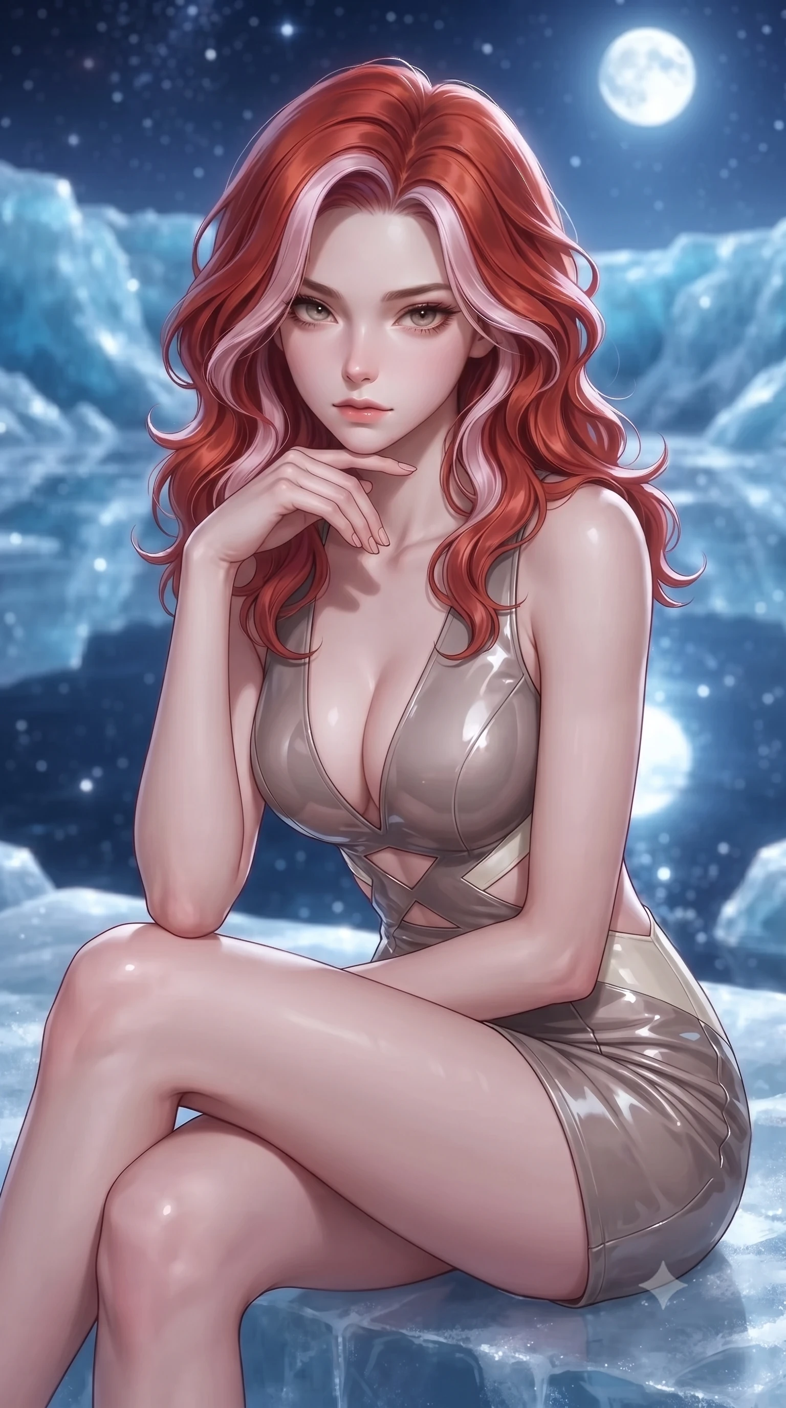 score_9, masterpiece, best quality, ultra-detailed, high-budget anime keyframe, editorial fashion photography, tasteful artistic composition, Caucasian woman. close-up cowboy shot from the waist and thighs up, the character dominates the composition, filling the frame with her large presence, background elements kept in soft focus. Resting her chin on the backs of her fingers, casting a sharp, mysterious gaze poised on a frost-carved terrace overlooking a vast glittering glacier at midnight, clear glacial ice reflecting the radiant full moon and starlight like a mirror. She has an exceptionally elegant, slender, and willowy female figure with an ultra-slim waist, a gracefully sculpted slender torso, and a refined silhouette. sharp v-shaped jawline, high-bridge nose, intricate jewel-like eyes with depth, thick eyelashes, glossy lips with a natural sheen. wearing a liquid mercury gloss mini dress with ultra-deep V-neck and waist cutouts in muted taupe and soft ivory, tailored from high-gloss patent leather, featuring subtle geometric cutouts that highlight her ultra-slim midriff, the tailored fabric tightly following every curve of her athletic build. surrounded by an opulent, frozen fairytale ambiance with high specular shine. highly saturated vibrant anime colors, detailed shading with soft gradients, rich glossy textures, high-contrast stereoscopic depth, volumetric dynamic lighting, master piece, 9:16 ratio