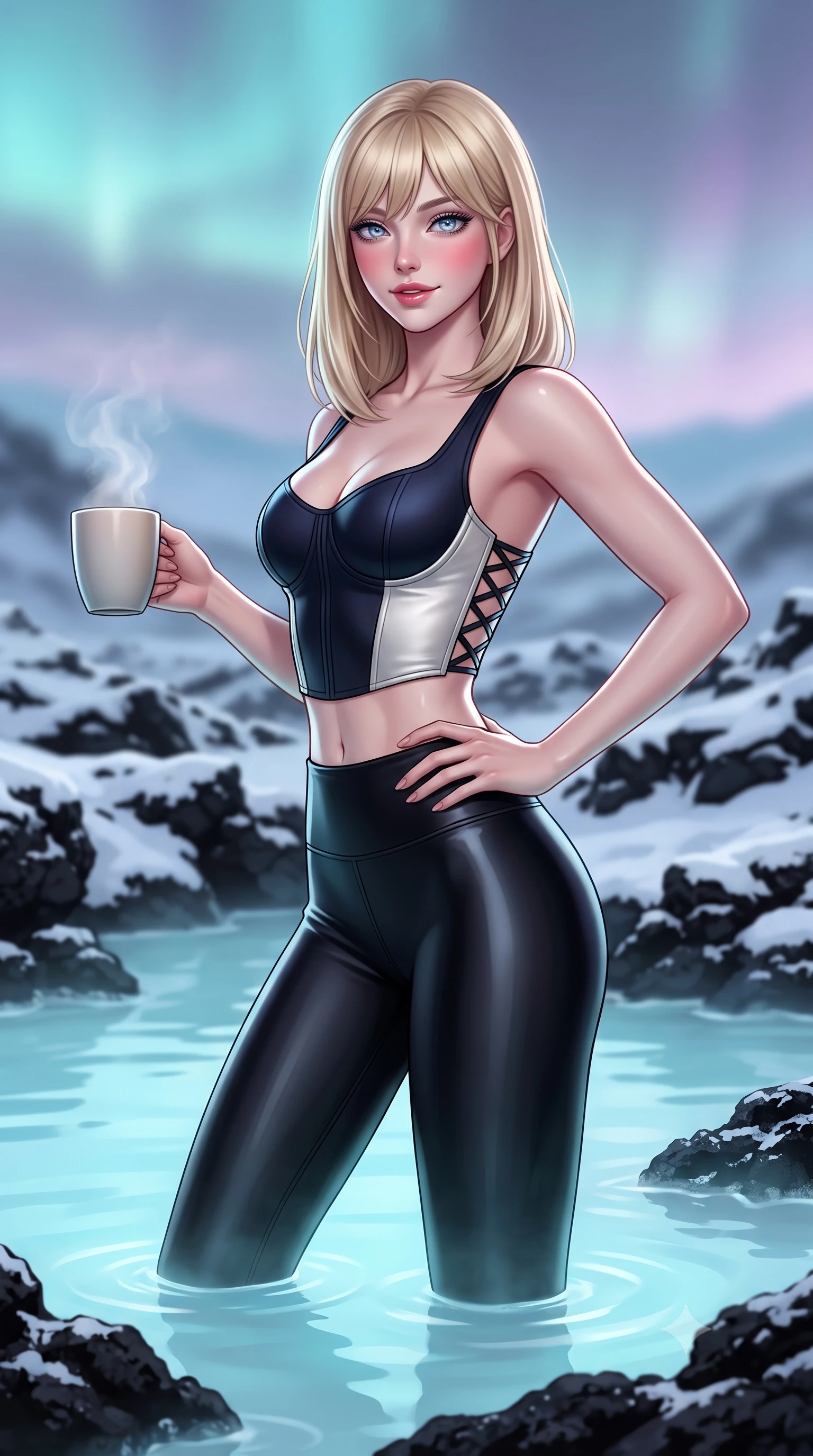 score_9, masterpiece, best quality, ultra-detailed, high-budget anime keyframe, semi-realistic 3D game render, editorial fashion photography, tasteful artistic composition, Japanese woman. close-up cowboy shot from the waist and thighs up, the character dominates the composition, filling the frame with her large presence. twisting her slender torso in an alluring contrapposto stance, one hand resting on her sculpted hip while holding a steaming mug with effortless poise while wading into the opaque milky-cyan geothermal waters amidst black lava rocks, arching her back with an intoxicating, mystical smile. The composition keeps background elements in soft focus with dreamy creamy bokeh. endless jagged snow-covered black lava fields and soft Arctic pastel winter twilight blurred into cyan, charcoal, and lavender bokeh. She has an exceptionally elegant, slender, and willowy female figure with an ultra-slim waist, flat toned midriff, narrow ribcage, and sculpted feminine hips creating an alluring, slim hourglass silhouette without bulk. sharp v-shaped jawline, high-bridge nose, sparkling ice-crystal eyes with depth, frosty thick lashes, glossy parted lips with a rosy berry sheen, bright playful smile with an intoxicating seductive glint, rosy flushed cheeks radiating cozy warmth and dangerous allure, flawlessly proportioned anatomical accuracy, strict slender model proportions, natural body alignment, perfectly sculpted long slender limbs, ultra-slim waistline, clean dynamic posture without body distortion. wearing sleek black liquid-look thermal leggings paired with a cropped structured corset top in dark obsidian black and gleaming platinum, made of supple second-skin thermal stretch jersey clinging flawlessly to her form, finished with criss-cross back satin laces tracing her slender spine, the high-waisted tailoring accentuating her ultra-slim waistline and the enchanting curve of her feminine hips with alluring winter charm. illuminated by milky-cyan water bounce fill and sharp silver rim lights sculpting her razor-sharp jawline, narrow waist, and curvy hips. highly saturated vibrant anime colors, detailed shading with soft gradients, rich glossy textures, high-contrast stereoscopic depth, volumetric dynamic lighting, master piece, 9:16 ratio