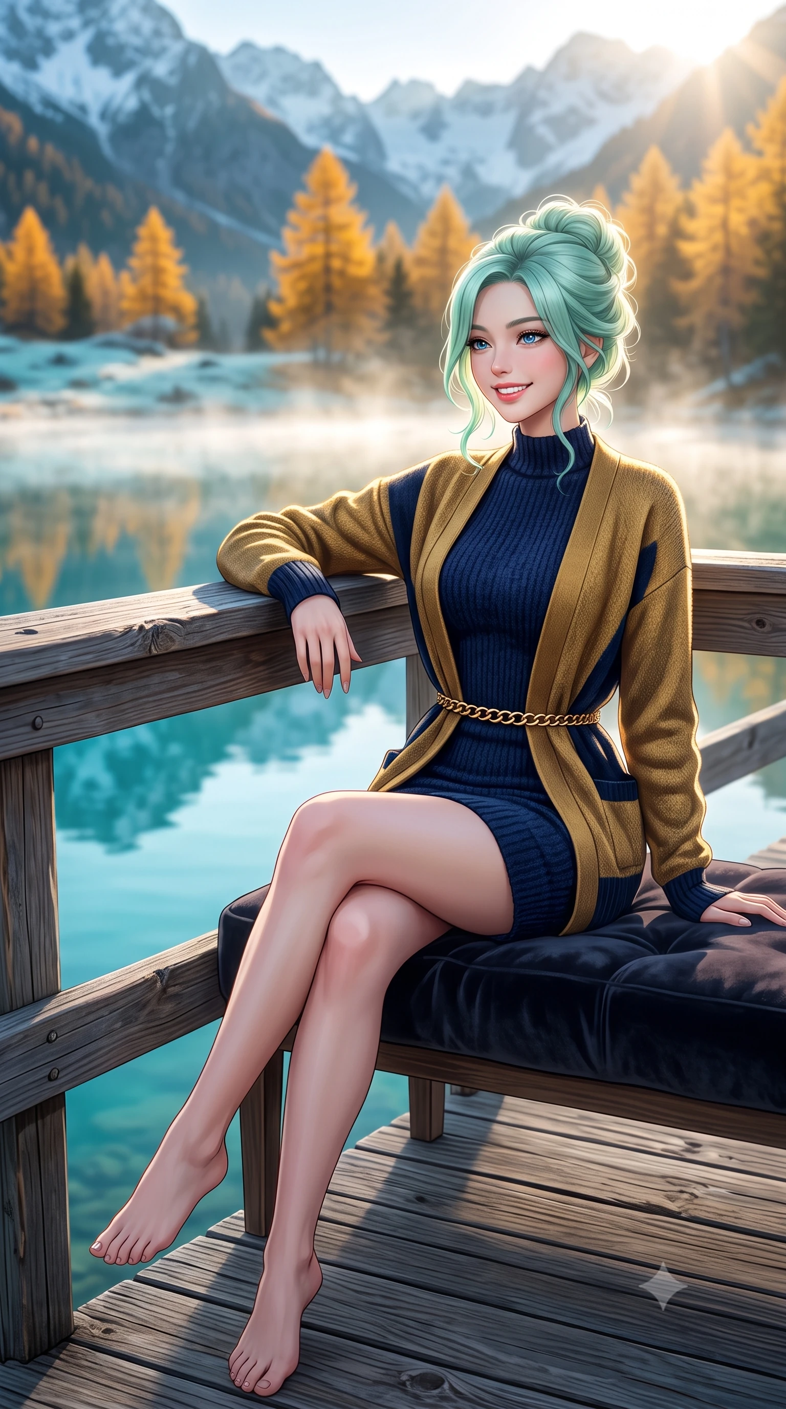 score_9, masterpiece, best quality, ultra-detailed, high-budget anime keyframe, semi-realistic 3D game render, editorial fashion photography, tasteful artistic composition, Japanese woman. low angle full-body shot from head to toe showing her feet, filling the entire 9:16 vertical frame with her statuesque presence, stretching her vertical silhouette. sitting gracefully on the plush bench with legs crossed and angled toward the camera, highlighting her long slender limbs and hourglass waist while leaning against the rustic timber pier railing, watching mist dance across the lake surface with tranquil poetic charm. The background shows a soft-focus mirror-like turquoise lake reflecting snow peaks, blazing golden needle larch trees, and early morning shoreline frost blurred into turquoise, marigold, and frost white bokeh. She has an exceptionally tall and slender model-like 8.5-heads proportion, an ultra-slim waist, a flat toned midriff, narrow delicate ribcage, and beautifully sculpted feminine hips creating a graceful, slim hourglass silhouette without any bulky heaviness, with impossibly long slender legs. sharp v-shaped jawline, high-bridge nose, intricate jewel-like sparkling eyes with depth, thick eyelashes, glossy parted lips with a natural peach sheen, bright cheerful beaming smile with an enchanting and coquettish sensual glint, exuding both youthful cute charm and seductive allure, flawlessly proportioned anatomical accuracy, strict slender model proportions, natural body alignment, perfectly sculpted long slender limbs, ultra-slim waistline, clean dynamic posture without body distortion. wearing a form-fitting plush chenille knit bodycon dress hugging her torso and hips, layered with a belted open wool cardigan in Ginza vintage brass gold and midnight navy, woven from fine elastic rib-knit fabric tracing every millimeter of her slender torso, finished with a sleek gold chain belt resting snugly across her narrow waist and curving hips, the second-skin tailored fabric adhering flawlessly to her sculpted flat midriff and slender torso, emphasizing her long leg lines and perfectly proportioned willowy build. bathed in crisp, sparkling morning sun breaking over mountain crests, illuminating lake mist with ethereal golden backlighting. highly saturated vibrant anime colors, detailed shading with soft gradients, rich glossy textures, high-contrast stereoscopic depth, volumetric dynamic lighting, master piece, 9:16 ratio