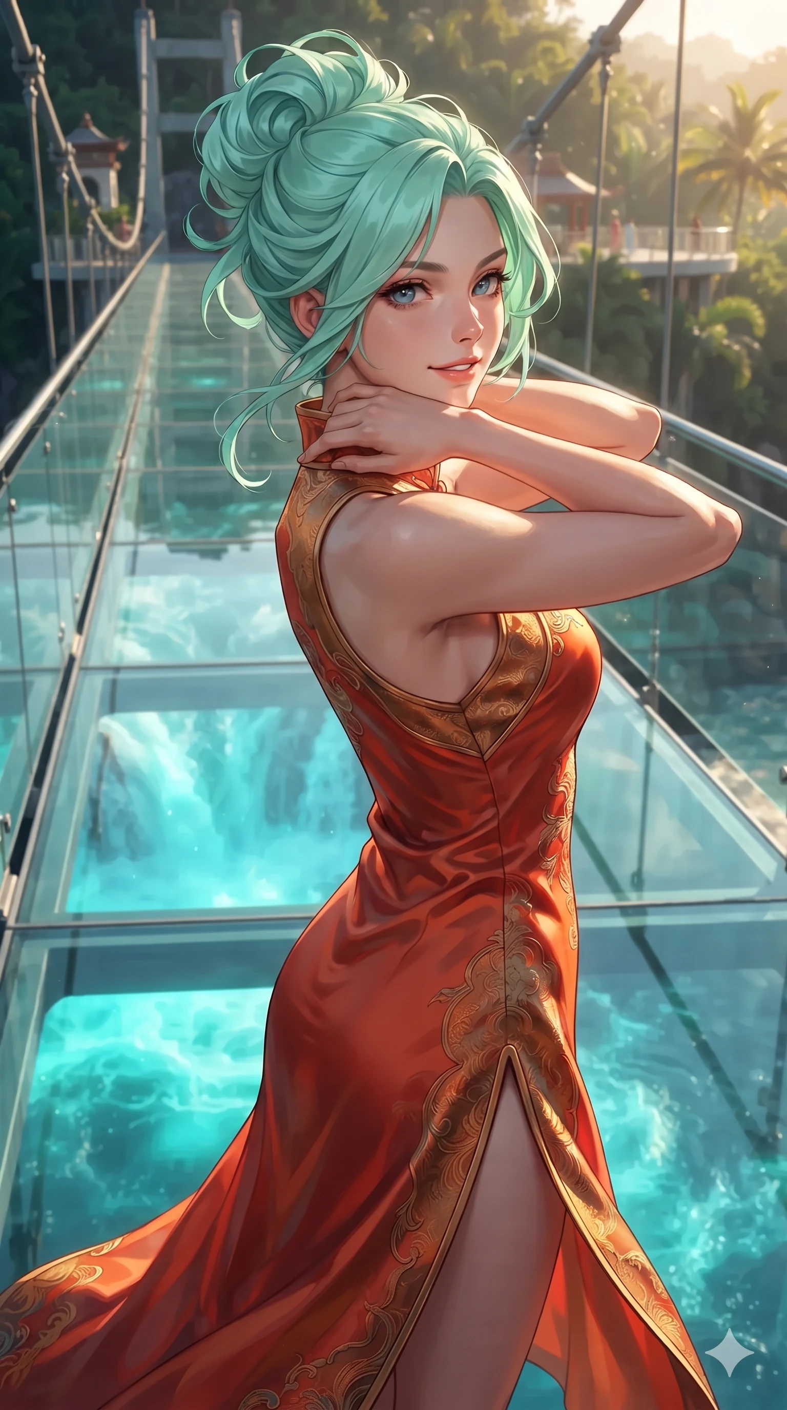 score_9, masterpiece, best quality, ultra-detailed, high-budget anime keyframe, editorial fashion photography, tasteful artistic composition, Japanese woman. close-up cowboy shot from the waist and thighs up, the character dominates the composition, filling the frame with her large presence. resting both hands lightly behind her neck with elbows raised, arching her spine to highlight her narrow waist, flat midriff, and breathtaking collarbones while walking slowly along the suspended glass-bottom bridge, looking back over her shoulder with an air of effortless grace and an alluring, smoldering smile as glowing turquoise water rushes below. The surrounding environment is rendered in vivid detail and crisp panoramic clarity: detailed mermaid gown tailoring, open-back leather harness straps, and monumental aquatic architecture in razor-sharp clarity. She has an exceptionally elegant, slender, and willowy female figure with an ultra-slim waist, flat toned midriff, narrow ribcage, and sculpted feminine hips creating an alluring, slim hourglass silhouette without bulk. sharp v-shaped jawline, high-bridge nose, intricate jewel-like sparkling eyes with depth, thick eyelashes, glossy parted lips with a natural sheen, intensely captivating and seductive bedroom-eyes expression, exuding both youthful cute charm and sovereign luxury allure, flawlessly proportioned anatomical accuracy, strict slender model proportions, natural body alignment, perfectly sculpted long slender limbs, ultra-slim waistline, clean dynamic posture without body distortion. wearing an alluring plunging sweetheart bodice dress with sheer mesh side-waist cutouts contouring her ribs in imperial vermilion silk and warm bronze, woven from high-density tech-wool with subtle metallic thread weave, complemented by strappy stiletto sandals with metallic ankle wraps accentuating her slender calves, the precision-cut side openings and low-back scoop framing her graceful spine and the sensual sweep of her slim, toned hips. bathed in the vibrant underwater turquoise illumination filtering through the glass floor mixed with warm overhead starlight. ultra-reflective glossy finish, specular highlights, rich textural contrasts, high-contrast stereoscopic depth, volumetric dynamic lighting, 2k, ultra detail, master piece, 9:16 ratio