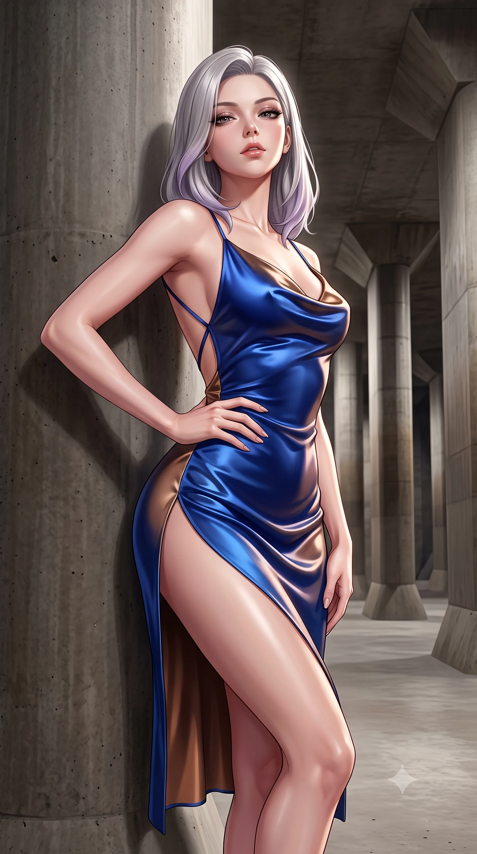 score_9, masterpiece, best quality, ultra-detailed, high-budget anime keyframe, semi-realistic 3D game render, editorial fashion photography, tasteful artistic composition, Caucasian woman. close-up cowboy shot from the waist and thighs up, the character dominates the composition, filling the frame with her large presence. tilting her chin up with proud, sovereign allure while gazing through thick eyelashes, one hand resting on her waist in pure supermodel charisma while leaning against a colossal concrete column with hips cocked back, casting a cool, mysterious bedroom-gaze into the echoing cavernous space. The surrounding environment is rendered in vivid detail and crisp panoramic clarity. detailed liquid-tight garment sheen, specular skin highlights, and massive concrete column grid clarity in high resolution. She has an exceptionally elegant, slender, and willowy female figure with an ultra-slim waist, flat toned midriff, narrow ribcage, and sculpted feminine hips creating an alluring, slim hourglass silhouette without bulk. sharp v-shaped jawline, high-bridge nose, intricate jewel-like eyes with depth, thick eyelashes, glossy parted lips with a natural sheen, intensely captivating and seductive bedroom-eyes expression, flawlessly proportioned anatomical accuracy, strict slender model proportions, natural body alignment, perfectly sculpted long slender limbs, ultra-slim waistline, clean dynamic posture without body distortion. wearing a backless cowl-neck satin slip dress featuring high-cut side hip slits and delicate criss-cross back straps in royal sapphire blue and liquid bronze, tailored from ultra-smooth duchess satin with a pearlescent sheen, finished with criss-cross back satin straps highlighting her graceful shoulder blades, the form-contouring material adhering flawlessly to her sculpted flat midriff and slender torso, emphasizing her long leg lines and perfectly proportioned willowy build. bathed in dramatic architectural floodlights beaming down between giant pillars creating high-contrast chiaroscuro. highly saturated vibrant anime colors, detailed shading with soft gradients, rich glossy textures, high-contrast stereoscopic depth, volumetric dynamic lighting, master piece, 9:16 ratio