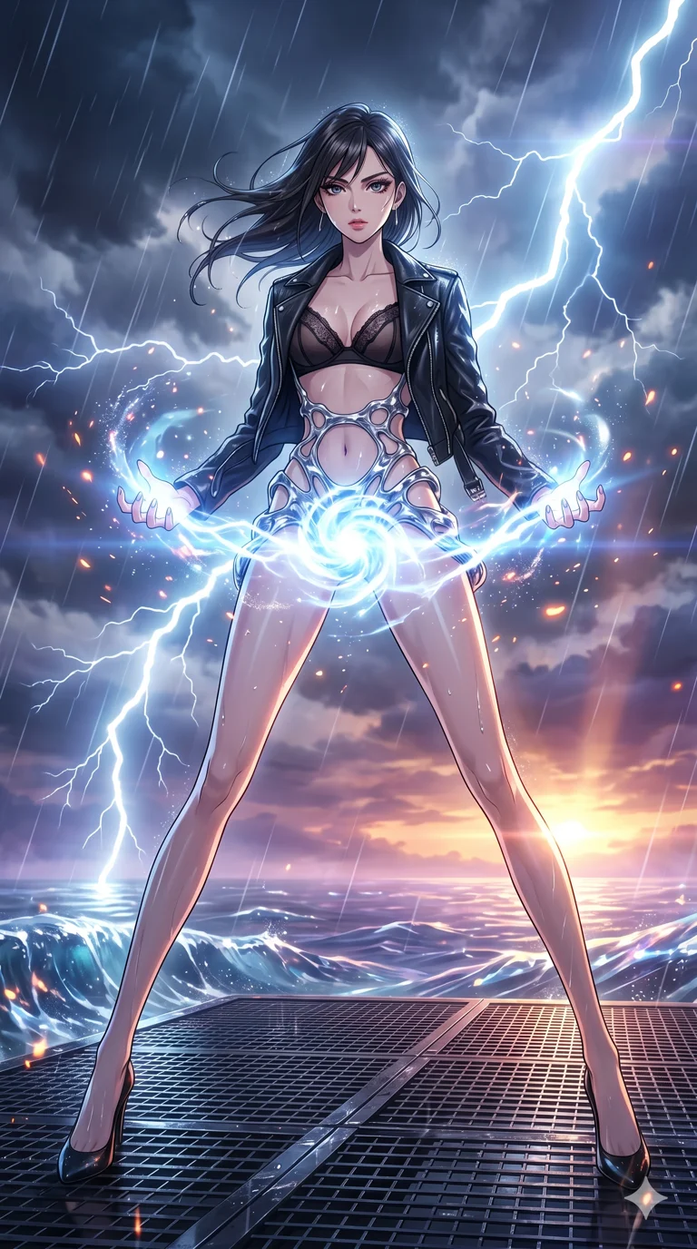 score_9, masterpiece, best quality, ultra-detailed, High-budget Anime Keyframe, vibrant colors, fluid line-art, expressive lighting, cinematic composition, Ufotable-style visual effects, top-tier animation quality, Japanese woman with delicate and elegant anime-inspired features. Wide-angle low shot emphasizing her impossibly long slender legs and commanding stature. Charging a devastating energy blast between her palms during a fierce thunderstorm on a metallic plateau, lightning striking around her. She has an absolutely perfect 8-heads proportion, an exceptionally tall and slender female figure with impossibly long slender legs and an ultra-slim waist, her statuesque height and towering silhouette dominating the vertical 9:16 frame. Her face is a masterpiece featuring a sharp v-shaped jawline, high-bridge nose, intricate jewel-like eyes with depth, thick eyelashes, and glossy lips with a natural sheen. She is wearing a Unzipped deeply leather jacket over a delicate sheer lace bra and a high-waisted harness crafted from Molten liquid mercury that flows and reflects the environment with metallic perfection, featuring a crystalline structure that catches the light and reveals her slender frame. The scene is set in a vibrant sunset over a futuristic crystalline ocean with waves made of liquid light, illuminated by volumetric light beams cutting through a hazy atmosphere, creating a sense of depth. 2k, ultra detail, master piece, 9:16 ratio