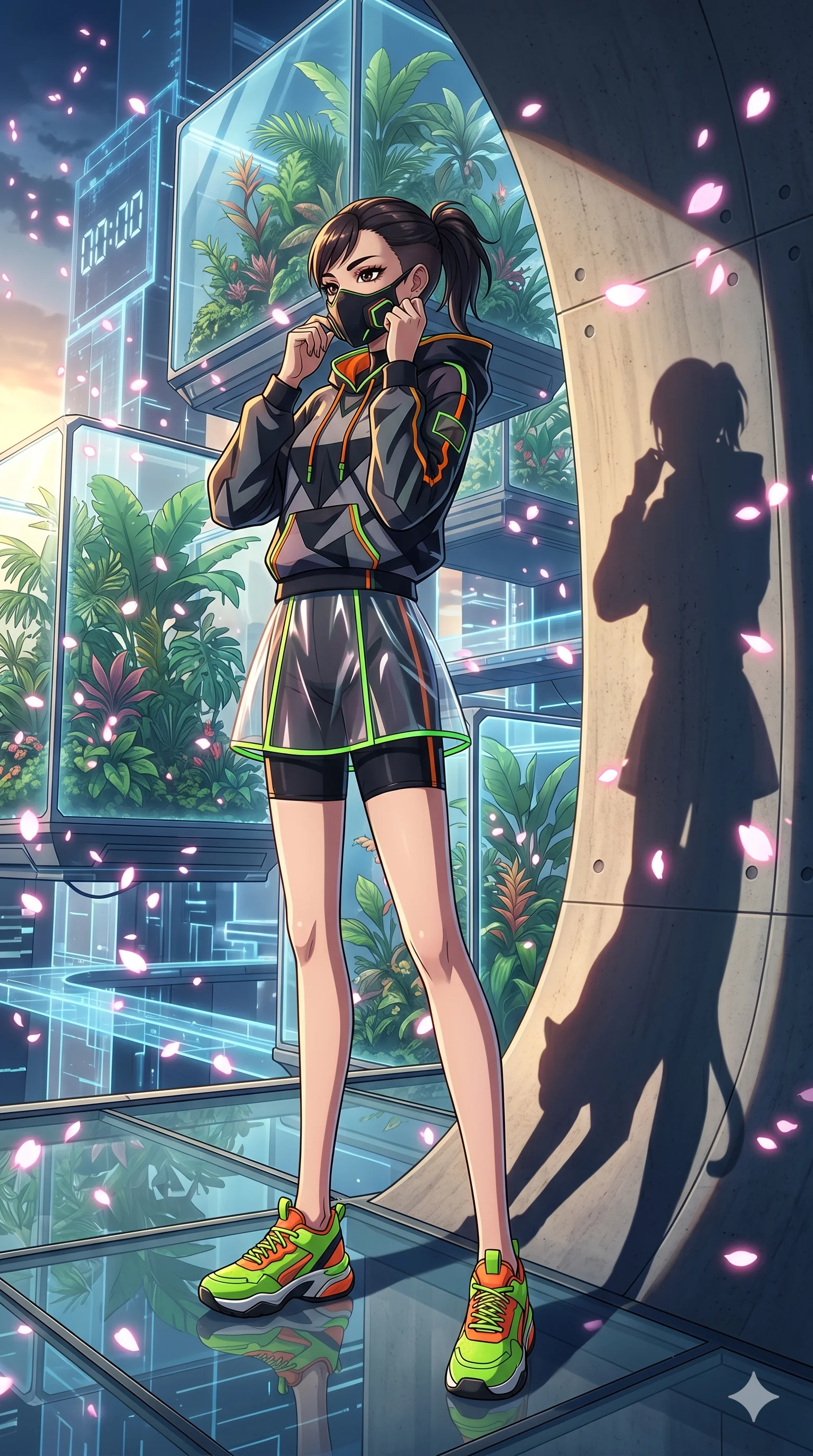 score_9, masterpiece, best quality, ultra-detailed, Set A: High-budget Anime Keyframe, Japanese woman. Low angle cowboy shot filling the entire 9:16 frame with her statuesque presence. Adjusting a mask through a floating botanical garden, while her shadow mimics the movements of a predator 15 and surrounded by digital sakura petals. She has an absolutely perfect 8-heads proportion, an exceptionally tall and slender female figure with impossibly long slender legs and an ultra-slim waist. Sharp v-shaped jawline, high-bridge nose, intricate jewel-like eyes with depth, thick eyelashes, glossy lips with a natural sheen. Wearing Streetwear tech-hoodie with a transparent PVC skirt and neon sneakers. Cinematic lighting, vibrant colors, dramatic shadows, 2k, ultra detail, master piece, 9:16 ratio