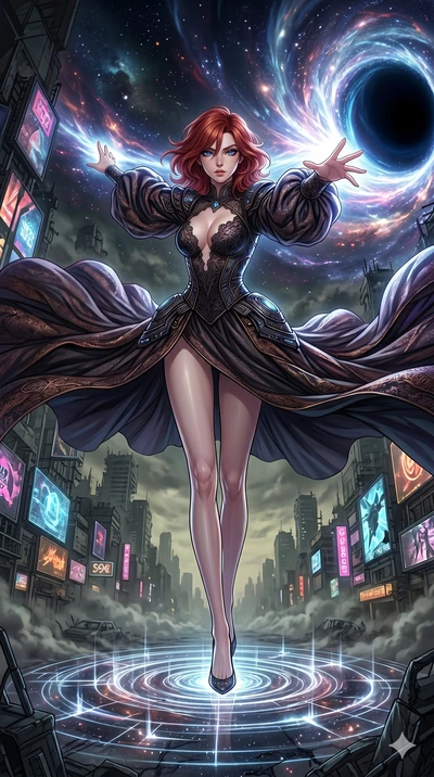 score_9, masterpiece, best quality, ultra-detailed, Set A: High-budget Anime Keyframe, Japanese woman. Low angle cowboy shot filling the entire 9:16 frame with her statuesque presence. Theme: Urban Decay. unleashing a massive energy wave in the edge 