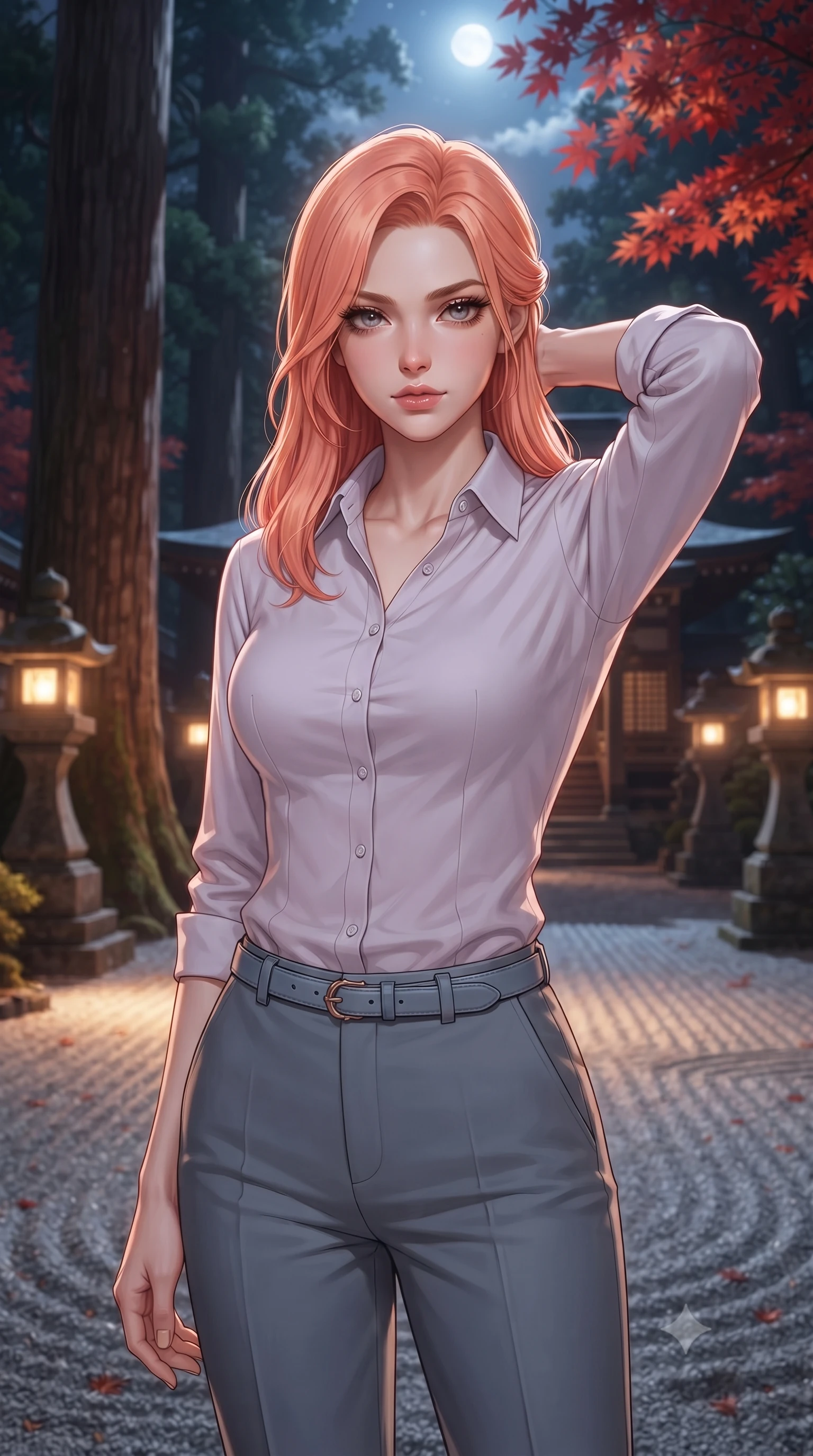 score_9, masterpiece, best quality, ultra-detailed, high-budget anime keyframe, editorial fashion photography, tasteful artistic composition, Japanese woman. close-up cowboy shot from the waist and thighs up, the character dominates the composition, filling the frame with her large presence, background elements kept in soft focus. Placing one hand behind her head with confident body language and a direct stare. set against a soft-focus background of a traditional Japanese Shinto shrine courtyard at night with stone lanterns casting warm pools of light ancient cedar trees autumn maple leaves in brilliant red and a raked gravel garden gleaming in moonlight. She has an exceptionally elegant and slender, willowy female figure with an ultra-slim waist, a gracefully sculpted slender torso, and a refined slim physique. sharp v-shaped jawline, high-bridge nose, intricate jewel-like eyes with depth, thick eyelashes, glossy lips with a natural sheen. wearing a pale lilac button-down shirt paired with tailored slate grey trousers and a matching slim leather belt. warm amber light from stone lanterns at ground level mixed with cool silver moonlight from above creating a serene Japanese atmosphere with deep contrasting shadows. 2k, ultra detail, master piece, 9:16 ratio