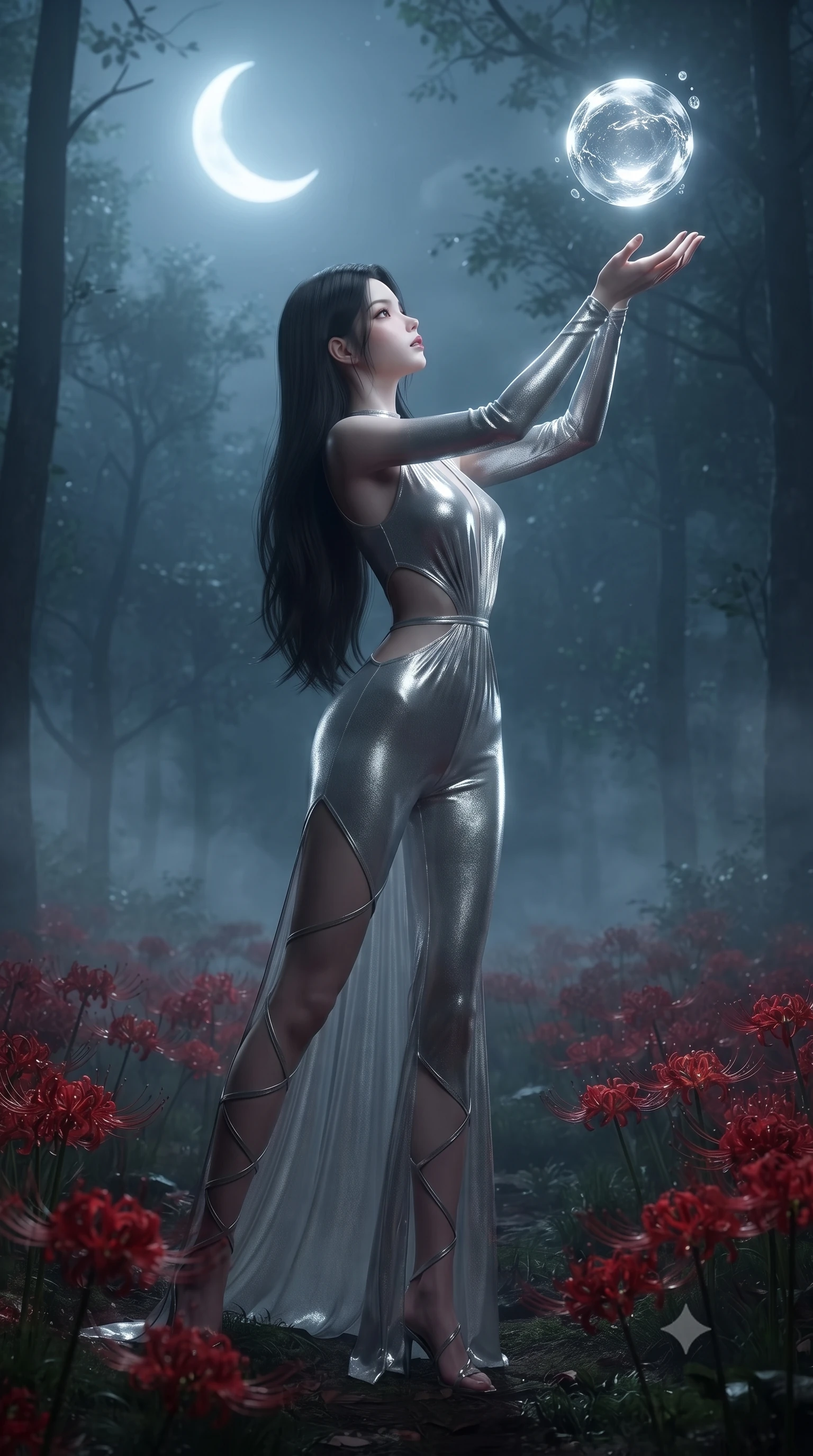 score_9, masterpiece, best quality, ultra-detailed, High-budget Anime Keyframe, editorial fashion photography, tasteful artistic composition, realistic cosplay photography, East Asian woman. Dynamic full-body shot stretching the vertical silhouette to the limit. Scenario 472: reaching out to catch a floating sphere of liquid light in a misty dark forest under a crescent moon with red spider lilies blooming. Her presence is magnetic and overpowering in this high-budget cinematic scene. Outfit 472: a slim-fit liquid silver shimmering chiffon catsuit with strategic waist cut-outs and slender leg straps. The clothing is designed to emphasize her exceptionally tall and slender 8-heads proportion. 8-heads proportion, towering silhouette, ultra-slim waist. sharp v-shaped jawline, intricate jewel-like eyes with depth, thick eyelashes, glossy lips. ultra-reflective glossy finish, specular highlights, metallic sheen, high-contrast stereoscopic depth, volumetric dynamic lighting, 2k, ultra detail, master piece, 9:16 ratio