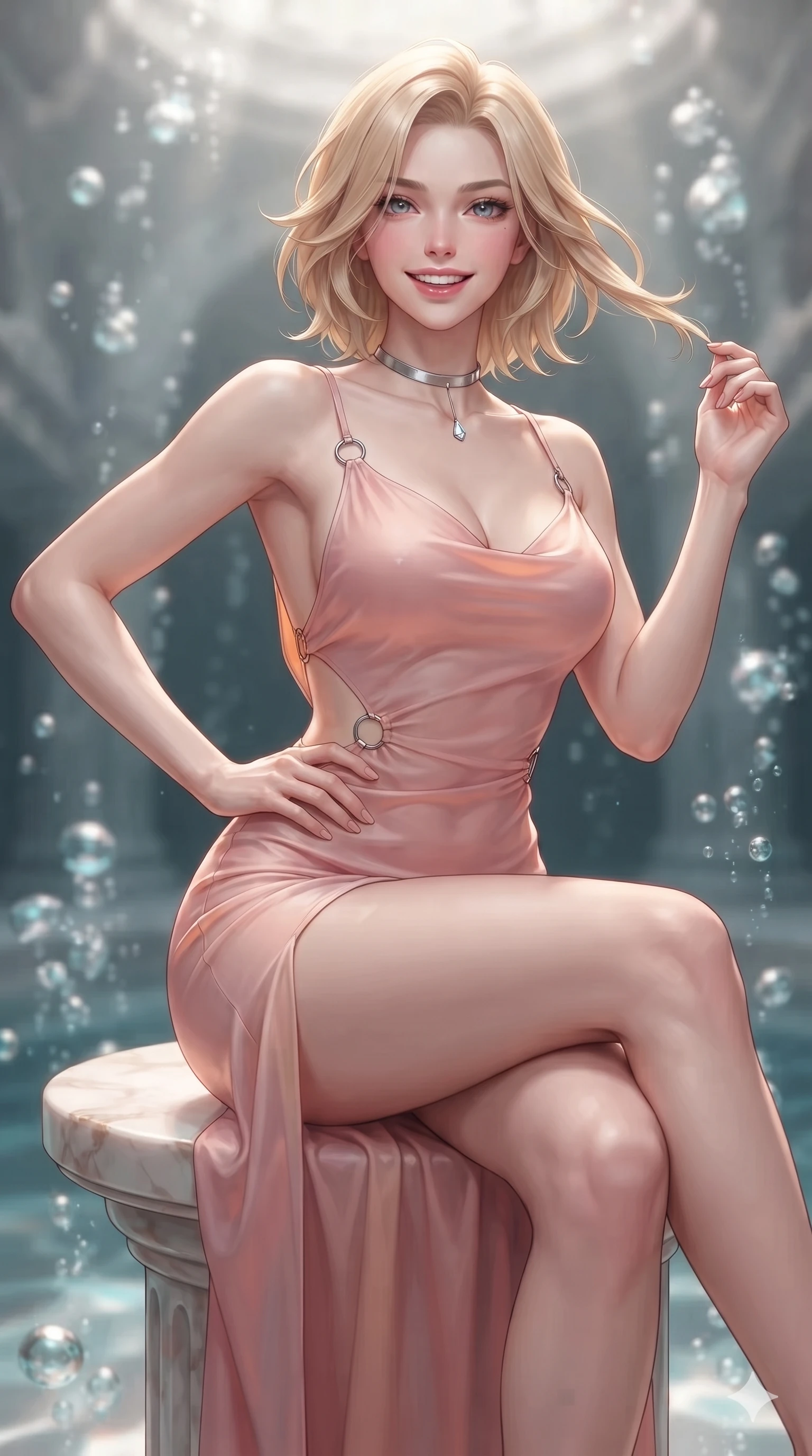 score_9, masterpiece, best quality, ultra-detailed, high-budget anime keyframe, editorial fashion photography, tasteful artistic composition, Caucasian woman. close-up cowboy shot from the waist and thighs up, the character dominates the composition, filling the frame with her large presence. twisting her slender torso in an alluring contrapposto stance, one hand resting on her sculpted hip while her fingers toy with her hair with effortless poise while sitting gracefully on the dry marble pedestal with legs crossed, flashing a radiant smile with parted glossy lips. The background shows a soft-focus rising crystal micro-bubbles softened in sunken temple cavern shallow focus. She has an exceptionally elegant, slender, and willowy female figure with an ultra-slim waist, flat toned midriff, narrow ribcage, and sculpted feminine hips creating an alluring, slim hourglass silhouette without bulk. sharp v-shaped jawline, high-bridge nose, intricate jewel-like sparkling eyes with depth, thick eyelashes, glossy parted lips with a natural peach sheen, bright cheerful beaming smile with an enchanting and coquettish sensual glint, exuding both youthful cute charm and seductive allure, flawlessly proportioned anatomical accuracy, strict slender model proportions, natural body alignment, perfectly sculpted long slender limbs, ultra-slim waistline, clean dynamic posture without body distortion. wearing a form-contouring gossamer silk chiffon slip dress with a hip-high slit and open cowl back clinging with dewy moisture in Solaris liquid rose-quartz and alien peach, adorned with delicate chrome ring hardware and cutouts along her slender waist, finished with a minimalist chrome choker and a single teardrop diamond pendant, the liquid-tight tailored fabric clinging flawlessly to her narrow waist and rounded feminine hips, emphasizing every millimeter of her sculpted slim hourglass curves without any bulky heaviness. illuminated by submerged marble reflection bounce and sharp golden-cyan rim lights sculpting her jawline, narrow waist, and curvy hips. ultra-reflective glossy finish, specular highlights, rich textural contrasts, high-contrast stereoscopic depth, volumetric dynamic lighting, 2k, ultra detail, master piece, 9:16 ratio