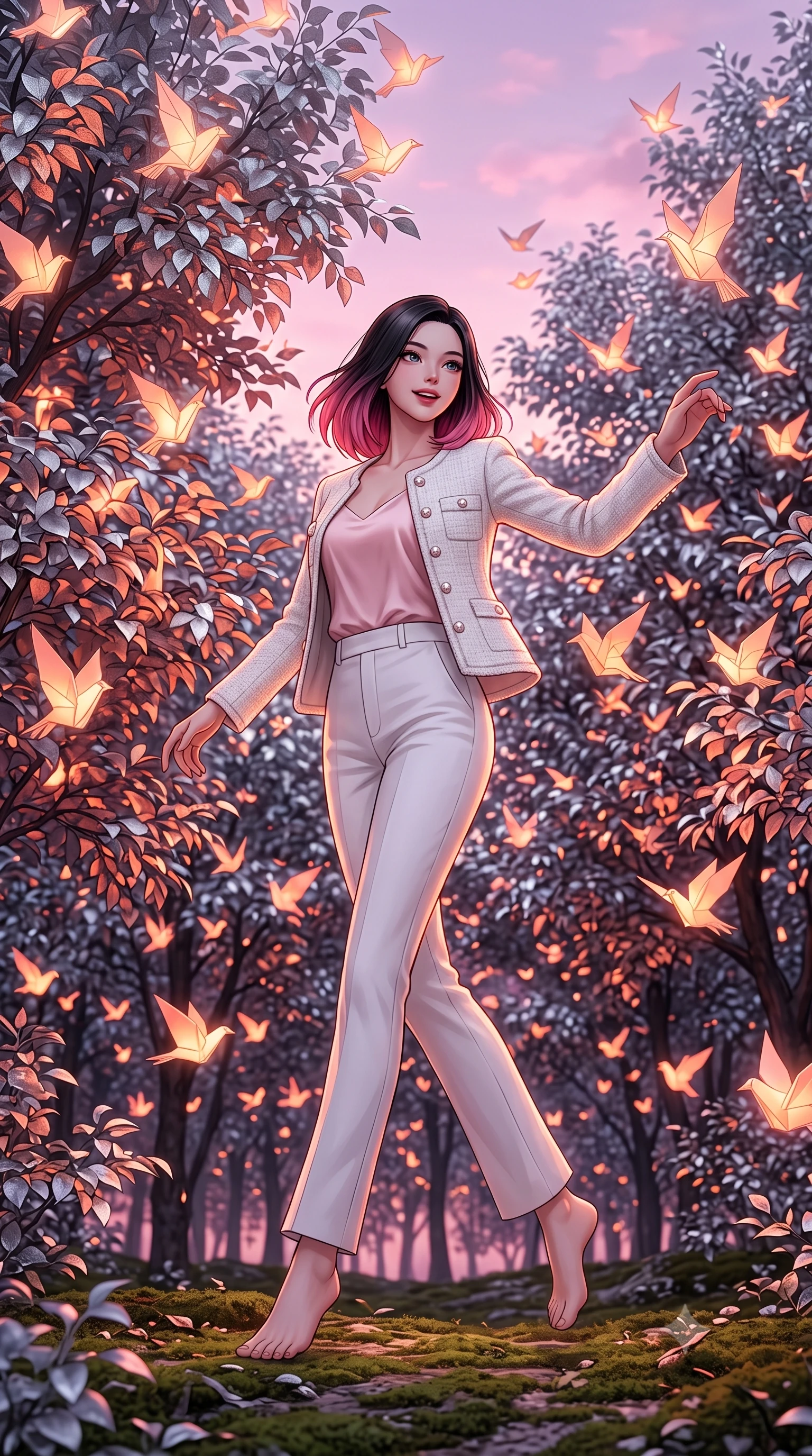 score_9, masterpiece, best quality, ultra-detailed, high-budget anime keyframe, editorial fashion photography, tasteful artistic composition, Korean woman. low angle full-body shot from head to toe showing her feet, filling the entire 9:16 vertical frame with her statuesque presence, stretching her vertical silhouette. dancing with weightless, happy grace through in a forest clearing filled with silver-leaf trees where thousands of glowing paper birds nest and take flight into a pink evening sky. She has a statuesque 8.5-heads proportion, an exceptionally tall, slender and willowy model-like build with impossibly long legs and a highly sculpted ultra-slim waist. sharp v-shaped jawline, high-bridge nose, intricate jewel-like eyes with depth, thick eyelashes, glossy lips with a natural sheen. wearing a tailored slim-fit tweed jacket with pearl buttons over a pink silk camisole and white trousers. warm orange and pink glow from the paper birds illuminating the silver leaves and casting a warm cozy light. 2k, ultra detail, master piece, 9:16 ratio
