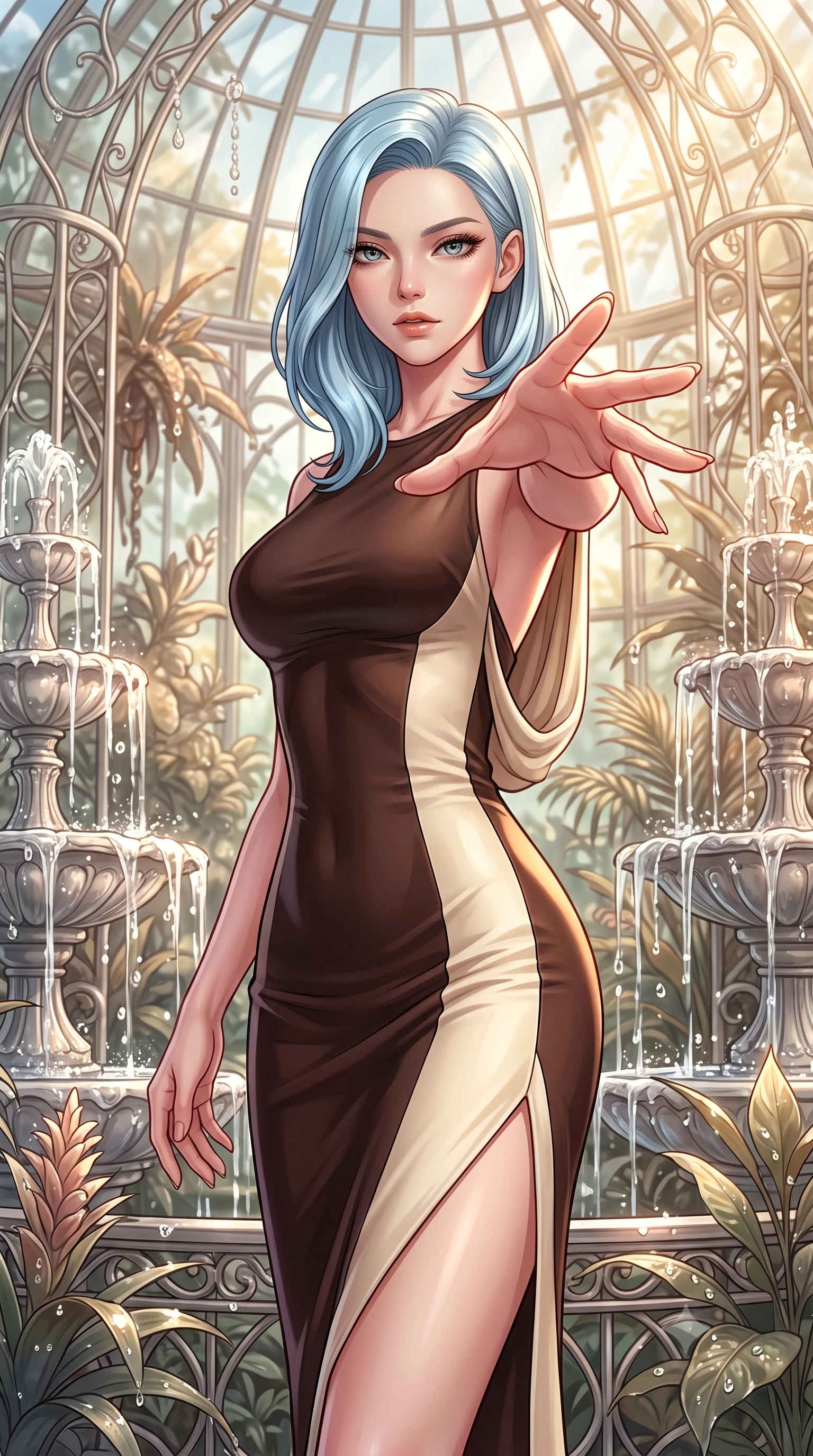 score_9, masterpiece, best quality, ultra-detailed, high-budget anime keyframe, editorial fashion photography, tasteful artistic composition, Korean woman. close-up cowboy shot from the waist and thighs up, the character dominates the composition, filling the frame with her large presence, background elements kept in soft focus. Reaching one hand gracefully toward the viewer with effortless superiority and allure forging through an overgrown greenhouse filled with platinum wire lattices, translucent water droplets cascading down platinum fountains. She has an exceptionally elegant, slender, and willowy female figure with an ultra-slim waist, a gracefully sculpted slender torso, and a refined silhouette. sharp v-shaped jawline, high-bridge nose, intricate jewel-like eyes with depth, thick eyelashes, glossy lips with a natural sheen. wearing a precision-fitted liquid jersey bodycon dress with a draped back in espresso brown and warm cream, formed from sleek second-skin neoprene, finished with a sleek side slit ascending to mid-thigh, the tailored fabric tightly following every curve of her athletic build. lit by warm golden-hour rays cascading through crystalline glass panes. highly saturated vibrant anime colors, detailed shading with soft gradients, rich glossy textures, high-contrast stereoscopic depth, volumetric dynamic lighting, master piece, 9:16 ratio