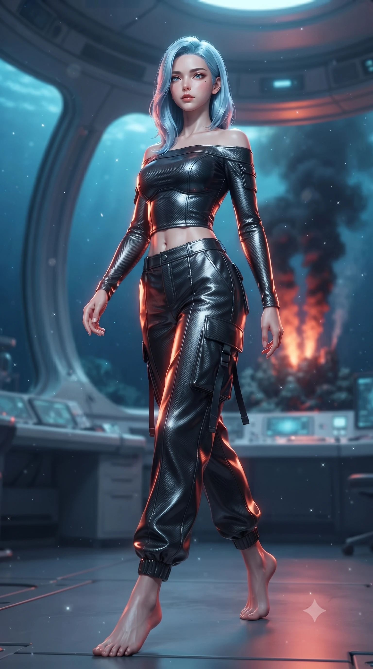 score_9, masterpiece, best quality, ultra-detailed, high-budget anime keyframe, editorial fashion photography, tasteful artistic composition, Korean woman. low angle full-body shot from head to toe showing her feet, filling the entire 9:16 vertical frame with her statuesque presence, stretching her vertical silhouette. stepping gracefully through floating stardust particles, her body-contouring suit showing her athletic, slender silhouette, the background shows a soft-focus a sub-oceanic laboratory overlooking a hydrothermal vent spewing mineral soot. She has an absolutely perfect, statuesque 8.5-heads proportion, an exceptionally tall and slender model-like female figure with impossibly long slender legs and an ultra-slim waist. sharp v-shaped jawline, high-bridge nose, intricate jewel-like eyes with depth, thick eyelashes, glossy lips with a natural sheen. wearing a slim-fit off-shoulder carbon-fiber armor top paired with high-slit tactical cargo pants, showing her delicately sculpted midriff. the intense orange and red glow of the thermal vent casting dramatic under-lighting. ultra-reflective glossy finish, specular highlights, metallic sheen, high-contrast stereoscopic depth, volumetric dynamic lighting, 2k, ultra detail, master piece, 9:16 ratio