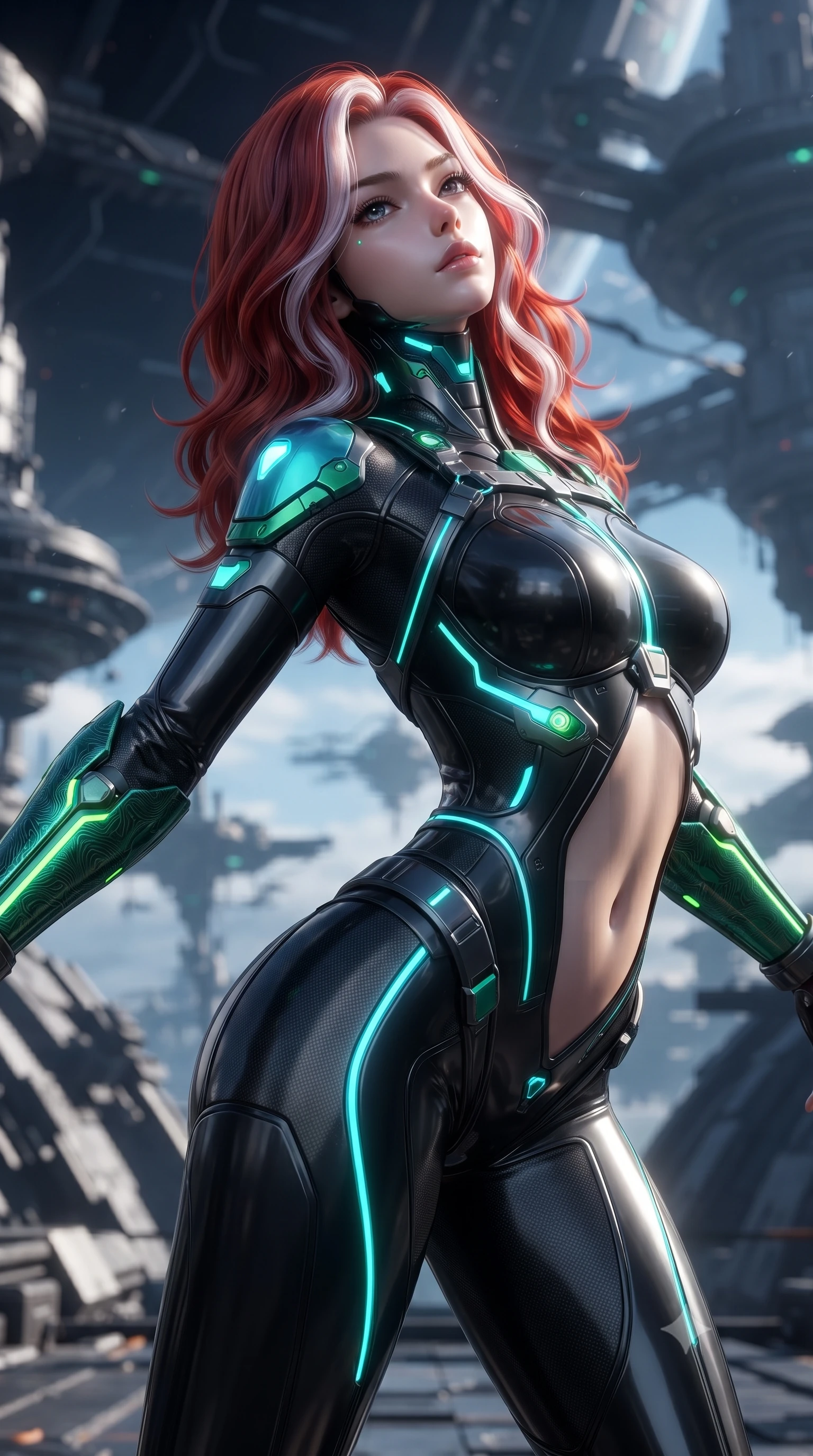 score_9, masterpiece, best quality, ultra-detailed, high-budget anime keyframe, editorial fashion photography, tasteful artistic composition, Caucasian woman. close-up cowboy shot from the waist and thighs up, the character dominates the composition, filling the frame with her large presence. tilting her head back with serene warrior composure, her sharp jawline and sculpted collarbones highlighted by glowing neon kinetic knuckles while arching her back gracefully in zero-gravity with arms outstretched in fluid kinetic tension as solar rays trace her torso. The surrounding environment is rendered in vivid detail and crisp panoramic clarity. dramatic orbital chiaroscuro and transcendent high-altitude martial arts architecture in panoramic precision. She has an exceptionally elegant, slender, and willowy female figure with an ultra-slim waist, a gracefully sculpted slender torso, toned flat midriff, and a refined slim silhouette. sharp v-shaped jawline, high-bridge nose, intricate jewel-like eyes with depth, thick eyelashes, glossy lips with a natural sheen, flawlessly proportioned anatomical accuracy, strict slender model proportions, natural body alignment, perfectly sculpted long slender limbs, ultra-slim waistline, clean dynamic posture without body distortion. wearing a high-mobility matte-black carbon-fiber combat bodysuit with glowing neon cyan kinetic conduits and Damascus-textured knuckle guards in emerald green carbon composite with glowing lime laser channels, made of lightweight aerodynamic carbon-titanium alloy with polished edge bevels, reinforced by a sleek titanium kinetic harness and glowing micro-energy straps, the precision-cut daring openings accentuating her delicate midriff, graceful bare collarbones, and ultra-slim feminine waistline. illuminated by crisp white key light and sharp specular highlights tracing her ultra-slim waist and long legs. ultra-reflective glossy finish, specular highlights, dark metallic sheen, high-contrast stereoscopic depth, volumetric dynamic lighting, 2k, ultra detail, master piece, 9:16 ratio