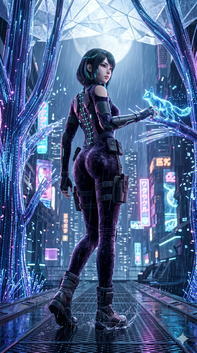 score_9, masterpiece, best quality, ultra-detailed, Semi-realistic 3D Game Render, high-fidelity character model, intricate armor textures, dynamic particle effects, Unreal Engine 5 aesthetic, crisp 3D depth, Japanese woman with delicate and elegant anime-inspired features. Dramatic low angle looking up at her majestic stature, dominating the vertical space of the composition. Walking through a futuristic digital forest where the trees are made of fiber-optics and glowing data streams, interacting with bioluminescent wildlife. She has an absolutely perfect 8-heads proportion, an exceptionally tall and slender female figure with impossibly long slender legs and an ultra-slim waist, her statuesque height and towering silhouette dominating the vertical 9:16 frame. Her face is a masterpiece featuring a sharp v-shaped jawline, high-bridge nose, intricate jewel-like eyes with depth, thick eyelashes, and glossy lips with a natural sheen. She is wearing a Sleek tactical leotard with thigh-high holsters, unzipped deeply to show her midriff crafted from Crushed dark velvet with a deep, rich texture that absorbs light and glows at the edges, boasting shoulder cut-outs and a glowing spinal interface visible through the back. The scene is set in a sprawling cyberpunk metropolis in heavy rain with vibrant neon glows reflecting on every surface, illuminated by ethereal moonlight filtering through a crystalline canopy, creating soft highlights. 2k, ultra detail, master piece, 9:16 ratio