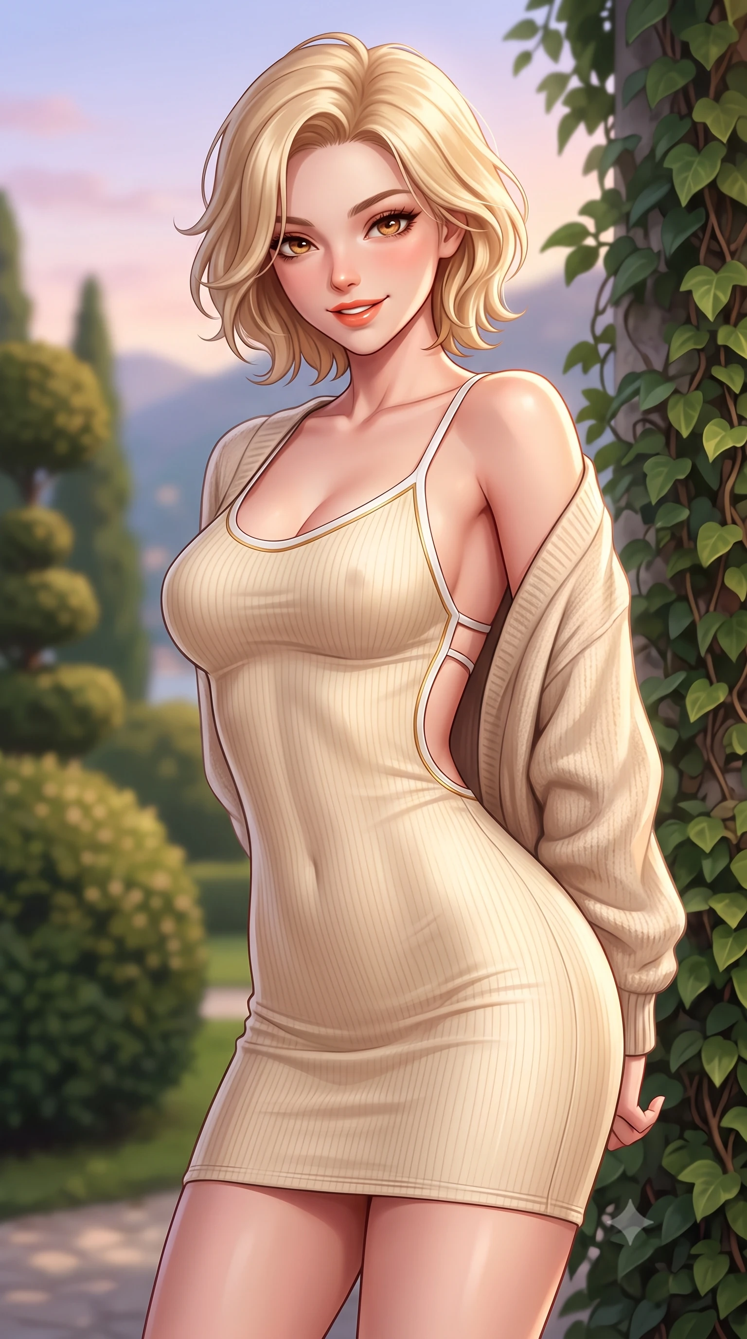 score_9, masterpiece, best quality, ultra-detailed, high-budget anime keyframe, semi-realistic 3D game render, editorial fashion photography, tasteful artistic composition, Caucasian woman. close-up cowboy shot from the waist and thighs up, the character dominates the composition, filling the frame with her large presence. resting both hands lightly behind her back while leaning toward the lens with a cheerful, teasing grin, her form-fitting outfit hugging her narrow waist and feminine hip curve while twisting her slender torso in an alluring contrapposto stance beside manicured holm oaks, her tailored resort silhouette highlighted by sunset. The composition keeps background elements in soft focus with dreamy creamy bokeh. sculpted topiaries and climbing ficus vines softened in historic aristocratic shallow focus. She has an exceptionally elegant, slender, and willowy female figure with an ultra-slim waist, flat toned midriff, narrow ribcage, and sculpted feminine hips creating an alluring, slim hourglass silhouette without bulk. sharp v-shaped jawline, high-bridge nose, sparkling amber-hazel eyes with depth, long lush eyelashes, glossy sun-kissed lips with a warm coral glaze, radiant teasing smile with sensual sunlit bedroom-eyes, exuding effortless old-money elegance and intoxicating sun-drenched allure, flawlessly proportioned anatomical accuracy, strict slender model proportions, natural body alignment, perfectly sculpted long slender limbs, ultra-slim waistline, clean dynamic posture without body distortion. wearing a second-skin stretch ribbed camisole dress in warm vanilla cream clinging to her athletic hips and flat midriff in pure alabaster white and molten gold accents, made of liquid-tight stretch jersey emphasizing every curve of her body, complemented by an oversized soft cashmere knit cardigan slipping off one bare shoulder, the precision-cut side openings and low-back scoop framing her graceful spine and the sensual sweep of her slim, sun-kissed hips. bathed in soft romantic evening light descending over the Como alpine basin. highly saturated vibrant anime colors, detailed shading with soft gradients, rich glossy textures, high-contrast stereoscopic depth, volumetric dynamic lighting, master piece, 9:16 ratio