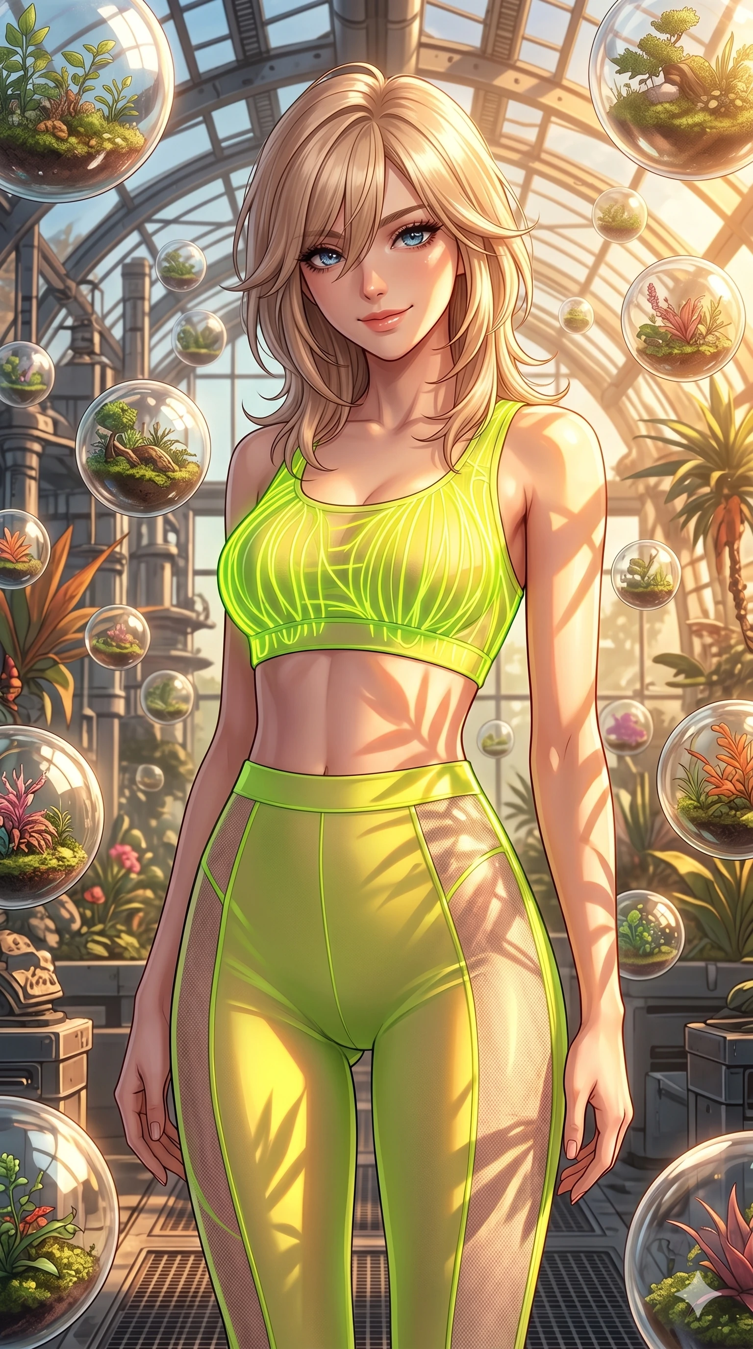score_9, masterpiece, best quality, ultra-detailed, high-budget anime keyframe, editorial fashion photography, tasteful artistic composition, Japanese woman. cowboy shot from the thighs up, character and outfit filling the frame for maximum editorial presence. tilting her head with a playful, teasing smile, letting a lock of hair fall over her jewel-like eyes inside a retro-futuristic greenhouse with levitating glass spheres (Code-P16-024). She has an absolutely perfect 8-heads proportion, an exceptionally tall and slender female figure with impossibly long slender legs and an ultra-slim waist. V-shaped jawline, high-bridge nose, intricate jewel-like eyes with depth, thick eyelashes, glossy lips with a natural sheen. wearing a neon filament crop top and matching high-waisted tights with sheer mesh side panels. drenched in brilliant morning sunshine, casting long warm highlights and leaf patterns on her skin. 2k, ultra detail, master piece, 9:16 ratio