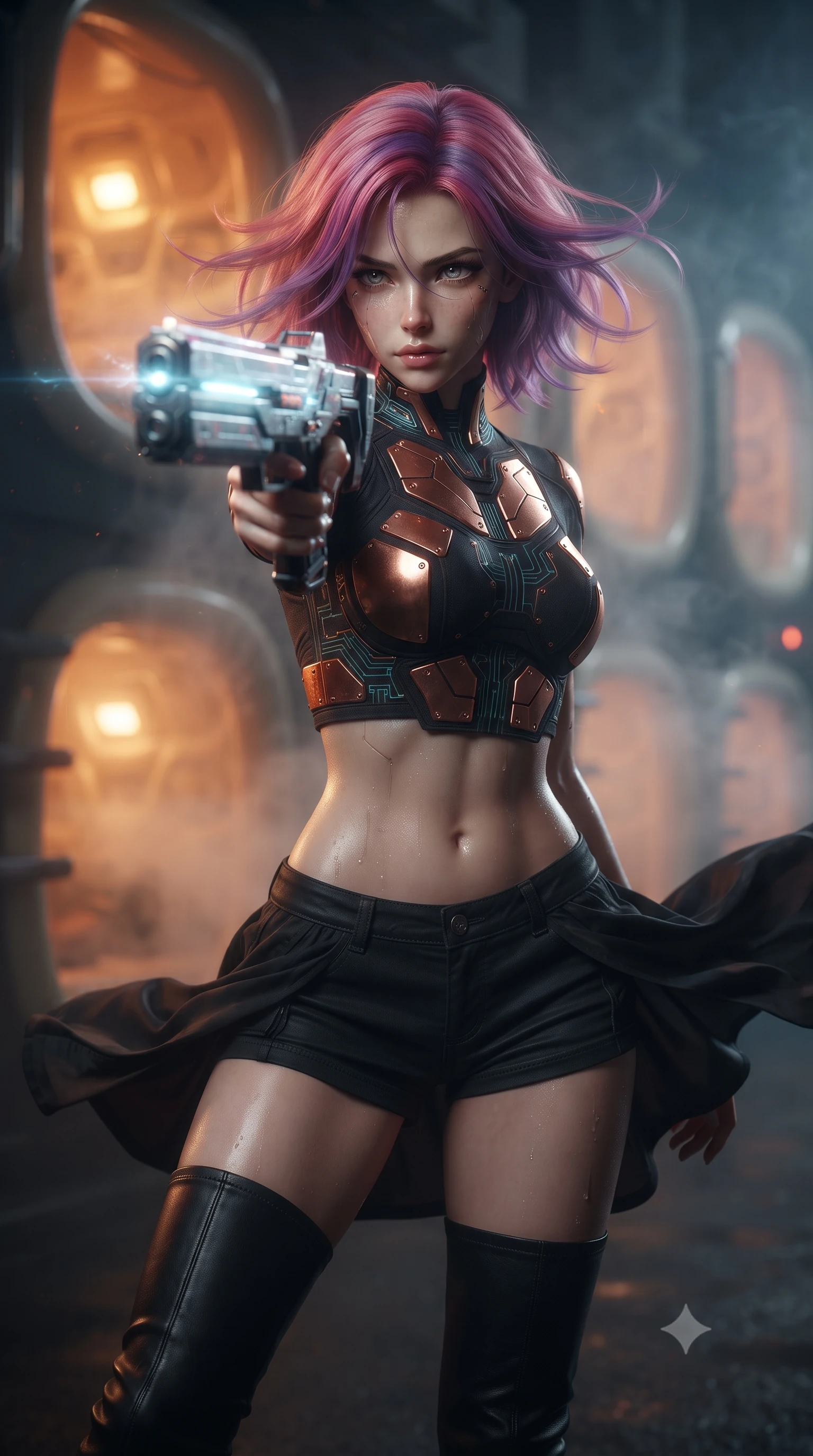 score_9, masterpiece, best quality, ultra-detailed, high-budget anime keyframe, editorial fashion photography, tasteful artistic composition, realistic cosplay photography, Caucasian woman, strictly human ears. close-up cowboy shot from the waist and thighs up, the character dominates the composition, filling the frame with her large presence, background elements kept in soft focus. Aiming a sleek holographic railgun with intense focused gaze and wind-blown hair. set against a soft-focus background of a narrow backstreet behind a towering capsule hotel, capsule pod windows glowing like honeycomb cells in the mist. She has an exceptionally elegant and slender, willowy female figure with an ultra-slim waist, a gracefully sculpted slender torso, and a refined slim physique. sharp v-shaped jawline, high-bridge nose, intricate jewel-like eyes with depth, thick eyelashes, glossy lips with a natural sheen. wearing the lightweight fabric rippling and billowing dramatically with her movement, a tailored cybernetic warrior crop top with copper plate details, paired with black low-rise utility shorts and thigh-high leather boots. warm orange capsule indicator lights casting a moody haze through the steam. ultra-reflective glossy finish, specular highlights, metallic sheen, high-contrast stereoscopic depth, volumetric dynamic lighting, 2k, ultra detail, master piece, 9:16 ratio