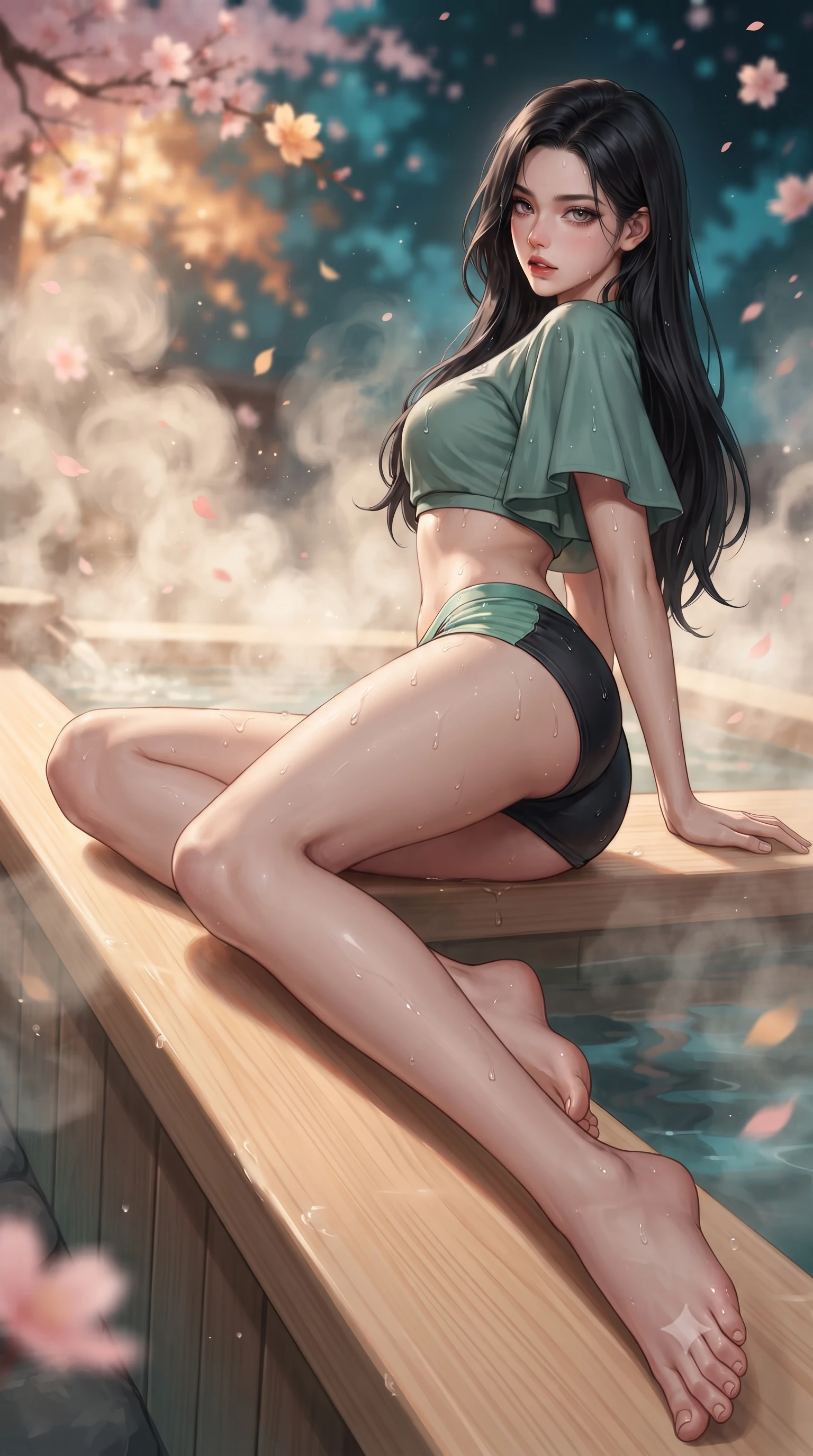 score_9, masterpiece, best quality, ultra-detailed, high-budget anime keyframe, editorial fashion photography, tasteful artistic composition, Korean woman. low angle full-body shot from head to toe showing her feet, filling the entire 9:16 vertical frame with her statuesque presence, stretching her vertical silhouette. reclining on her side in an elegant Cleopatra pose with one knee drawn up, the dramatic contour of her rounded hips and long slender legs commanding the 9:16 vertical frame while perching on the smooth hinoki wood rim of a steaming outdoor onsen, water droplets beading on her hip as she glances back with parted lips. The composition keeps background elements in soft focus with creamy bokeh. swirling thermal steam clouds and falling sakura petals blurred into soft blossom-pink, warm amber, and deep cyan bokeh. She has an absolutely perfect, statuesque 8.5-heads proportion, an exceptionally tall and slender model-like female figure with impossibly long slender legs, a toned flat midriff, an ultra-slim waist, and beautifully sculpted feminine hips. sharp v-shaped jawline, high-bridge nose, intricate jewel-like eyes with depth, thick eyelashes, glossy parted lips with a natural sheen, intensely captivating and seductive bedroom-eyes expression, flawlessly proportioned anatomical accuracy, strict slender model proportions, natural body alignment, perfectly sculpted long slender limbs, ultra-slim waistline, clean dynamic posture without body distortion. wearing a modern shortened cyber-yukata crop top with wide fluttering sleeves and low-slung silk swim shorts in jade green and dark obsidian, made of liquid bamboo jersey adhering seamlessly to her slender frame, accented with water droplets glistening on her bare collarbones and hips, the liquid-tight tailored fabric clinging flawlessly to her narrow waist and rounded feminine hips, emphasizing every millimeter of her sculpted hourglass curves during movement. illuminated by wet specular reflections accentuating her sculpted collarbones, narrow waist, and curvy hips. ultra-reflective glossy finish, specular highlights, rich textural contrasts, high-contrast stereoscopic depth, volumetric dynamic lighting, 2k, ultra detail, master piece, 9:16 ratio