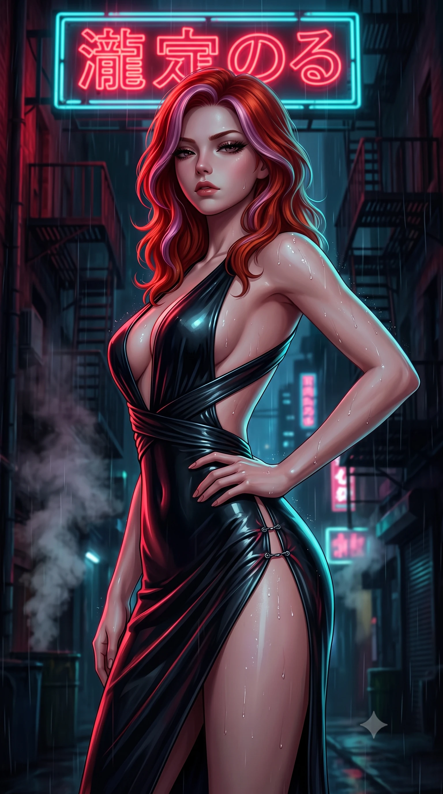 score_9, masterpiece, best quality, ultra-detailed, high-budget anime keyframe, semi-realistic 3D game render, editorial fashion photography, tasteful artistic composition, Caucasian woman. close-up cowboy shot from the waist and thighs up, the character dominates the composition, filling the frame with her large presence. twisting her upper body in a dynamic S-curve with an alluring smolder, one hand resting on her hip while gazing through heavy lashes with haughty, seductive disdain while pivoting dynamically beneath a sputtering neon kanji billboard with rain droplets glistening across her bare shoulders. The composition keeps background elements in soft focus with creamy bokeh. dark alleyway fire escapes and rising steam plumes softened in moody shallow focus. She has an exceptionally elegant, slender, and willowy female figure with an ultra-slim waist, a gracefully sculpted slender torso, toned flat midriff, and a refined slim silhouette. sharp v-shaped jawline, high-bridge nose, intricate jewel-like eyes with depth, thick eyelashes, glossy lips with a natural sheen, flawlessly proportioned anatomical accuracy, strict slender model proportions, natural body alignment, perfectly sculpted long slender limbs, ultra-slim waistline, clean dynamic posture without body distortion. wearing a second-skin midnight black latex mini dress with a dramatic open-back design wrapping around her waist and a plunging neckline in smoky charcoal grey and glowing crimson filaments, made of liquid metal jersey that clings flawlessly to every contour of her build, finished with an ultra-high side slit secured by miniature magnetic clasps, the precision-cut daring openings accentuating her delicate midriff, graceful bare collarbones, and ultra-slim feminine waistline. bathed in vivid high-contrast neon crimson and deep cyan ambient rim lighting. rich saturated anime colors with deep moody shadows, detailed chiaroscuro shading with soft gradients, rich glossy textures, high-contrast stereoscopic depth, volumetric dynamic shadow lighting, master piece, 9:16 ratio