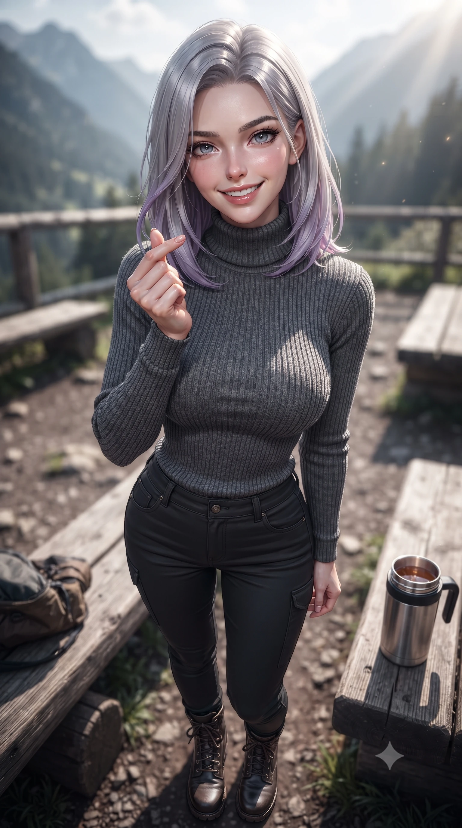 score_9, masterpiece, best quality, ultra-detailed, high-budget anime keyframe, editorial fashion photography, tasteful artistic composition, Caucasian woman. close-up cowboy shot from the waist and thighs up, the character dominates the composition, filling the frame with her large presence, background elements kept in soft focus. flashing a bright, sunny grin, holding her fingers in a cute small heart shape set against a soft-focus background of at a rest area along a scenic valley hiking trail with wooden benches holding a thermos mug of warm tea, smiling cozy at the camera. She has an exceptionally elegant, slender, and willowy female figure with an ultra-slim waist, a gracefully sculpted slender torso, and a refined silhouette. sharp v-shaped jawline, high-bridge nose, intricate jewel-like eyes with depth, thick eyelashes, glossy lips with a natural sheen. wearing body-hugging body-hugging ribbed knit sweater in charcoal, paired with slim-fit trousers. cool forest shadows contrasting with warm shafts of sunbeams. ultra-reflective glossy finish, specular highlights, metallic sheen, high-contrast stereoscopic depth, volumetric dynamic lighting, 2k, ultra detail, master piece, 9:16 ratio