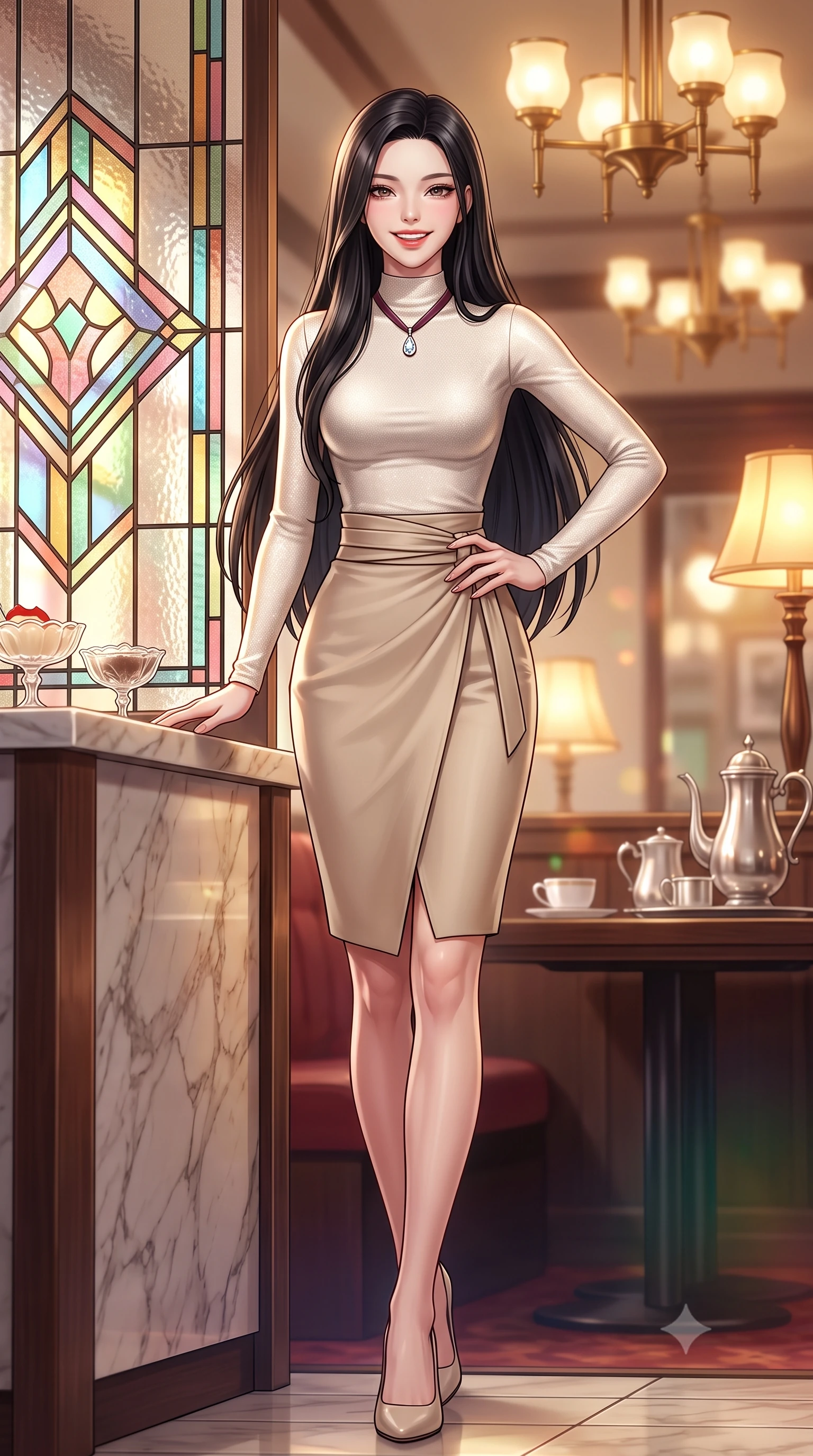 score_9, masterpiece, best quality, ultra-detailed, high-budget anime keyframe, semi-realistic 3D game render, editorial fashion photography, tasteful artistic composition, Korean woman. low angle full-body shot from head to toe showing her feet, filling the entire 9:16 vertical frame with her statuesque presence, stretching her vertical silhouette. walking briskly with tall supermodel strides, one hand placed on her narrow hip, her impossibly long slender legs commanding the frame while standing beside the geometric stained-glass partition, one hand resting on the marble counter with chic modern-retro poise. The background shows a soft-focus vintage crystal dessert coupes and silver coffee services softened in nostalgic Tokyo cafe romance shallow focus. She has an exceptionally tall and slender model-like 8.5-heads proportion, an ultra-slim waist, a flat toned midriff, narrow delicate ribcage, and beautifully sculpted feminine hips creating a graceful, slim hourglass silhouette without any bulky heaviness, with impossibly long slender legs. sharp v-shaped jawline, high-bridge nose, intricate jewel-like sparkling eyes with depth, thick eyelashes, glossy parted lips with a natural peach sheen, bright cheerful beaming smile with an enchanting and coquettish sensual glint, exuding both youthful cute charm and seductive allure, flawlessly proportioned anatomical accuracy, strict slender model proportions, natural body alignment, perfectly sculpted long slender limbs, ultra-slim waistline, clean dynamic posture without body distortion. wearing a tight-fitting mock-neck silk jersey top paired with a high-waisted wrap pencil skirt cinched with an obi-inspired leather belt in Swiss alpine snow white and oat cashmere, woven from stretch metallic lurex knit casting subtle luminous champagne glints across her contours, finished with a narrow velvet neck ribbon and a sparkling teardrop crystal pendant, the body-conscious tailored knit hugging her sculpted torso and curvaceous hips in a seamless, fluid line that highlights her statuesque model proportions. bathed in warm 2900K incandescent amber illumination from authentic Art Deco brass chandeliers and table lamps. highly saturated vibrant anime colors, detailed shading with soft gradients, rich glossy textures, high-contrast stereoscopic depth, volumetric dynamic lighting, master piece, 9:16 ratio