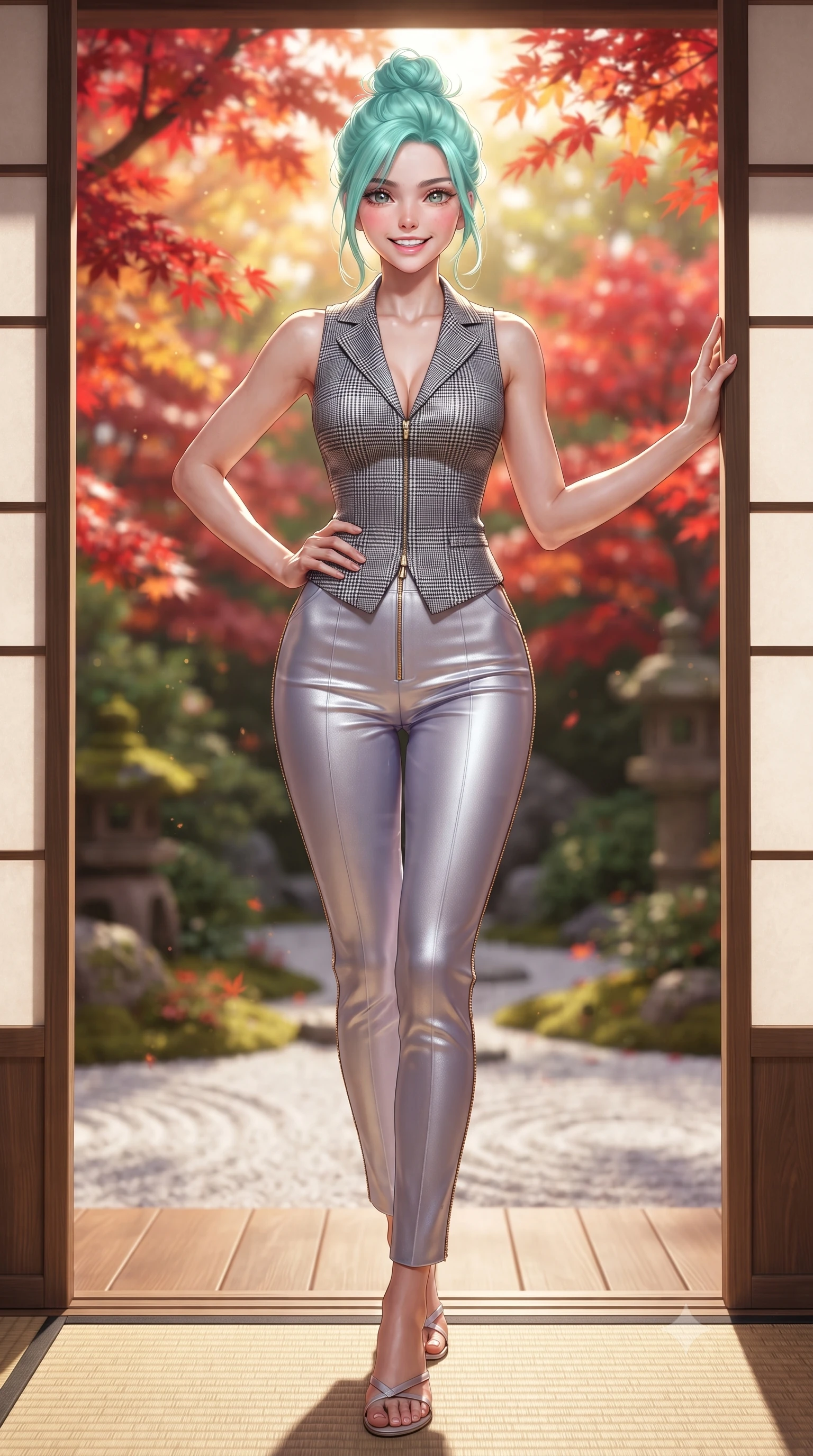 score_9, masterpiece, best quality, ultra-detailed, high-budget anime keyframe, editorial fashion photography, tasteful artistic composition, Japanese woman. low angle full-body shot from head to toe showing her feet, filling the entire 9:16 vertical frame with her statuesque presence, stretching her vertical silhouette. standing tall and centered in the frame with one hand on her hip, radiating statuesque poise, an ultra-slim waist, and captivating allure while standing poised at the threshold between tatami salon and autumn garden, one hand touching the sliding shoji screen frame with quiet grace. The background shows a soft-focus vibrant crimson and vermilion Japanese maple leaves, raked white gravel zen patterns, and mossy stone lanterns blurred into scarlet, amber, and moss green bokeh. She has an exceptionally tall and slender model-like 8.5-heads proportion, an ultra-slim waist, a flat toned midriff, narrow delicate ribcage, and beautifully sculpted feminine hips creating a graceful, slim hourglass silhouette without any bulky heaviness, with impossibly long slender legs. sharp v-shaped jawline, high-bridge nose, intricate jewel-like sparkling eyes with depth, thick eyelashes, glossy parted lips with a natural peach sheen, bright cheerful beaming smile with an enchanting and coquettish sensual glint, exuding both youthful cute charm and seductive allure, flawlessly proportioned anatomical accuracy, strict slender model proportions, natural body alignment, perfectly sculpted long slender limbs, ultra-slim waistline, clean dynamic posture without body distortion. wearing a sleek Prince of Wales check tailored vest bodice hugging her torso, paired with matching ultra-high-rise cigarette trousers in frosted mountain lavender and shimmering ice silver, woven from fluid liquid silk jersey that clings smoothly to her narrow waist and rounded hips with a dewy sheen, featuring fine gold zipper details tracing the vertical spine and contour seams, the form-contouring silhouette accentuating her sculpted flat midriff, narrow delicate ribcage, and gracefully curvy hips with intoxicating allure. bathed in filtered golden autumn sunlight dappled through brilliant red and orange maple foliage. ultra-reflective glossy finish, specular highlights, rich textural contrasts, high-contrast stereoscopic depth, volumetric dynamic lighting, 2k, ultra detail, master piece, 9:16 ratio
