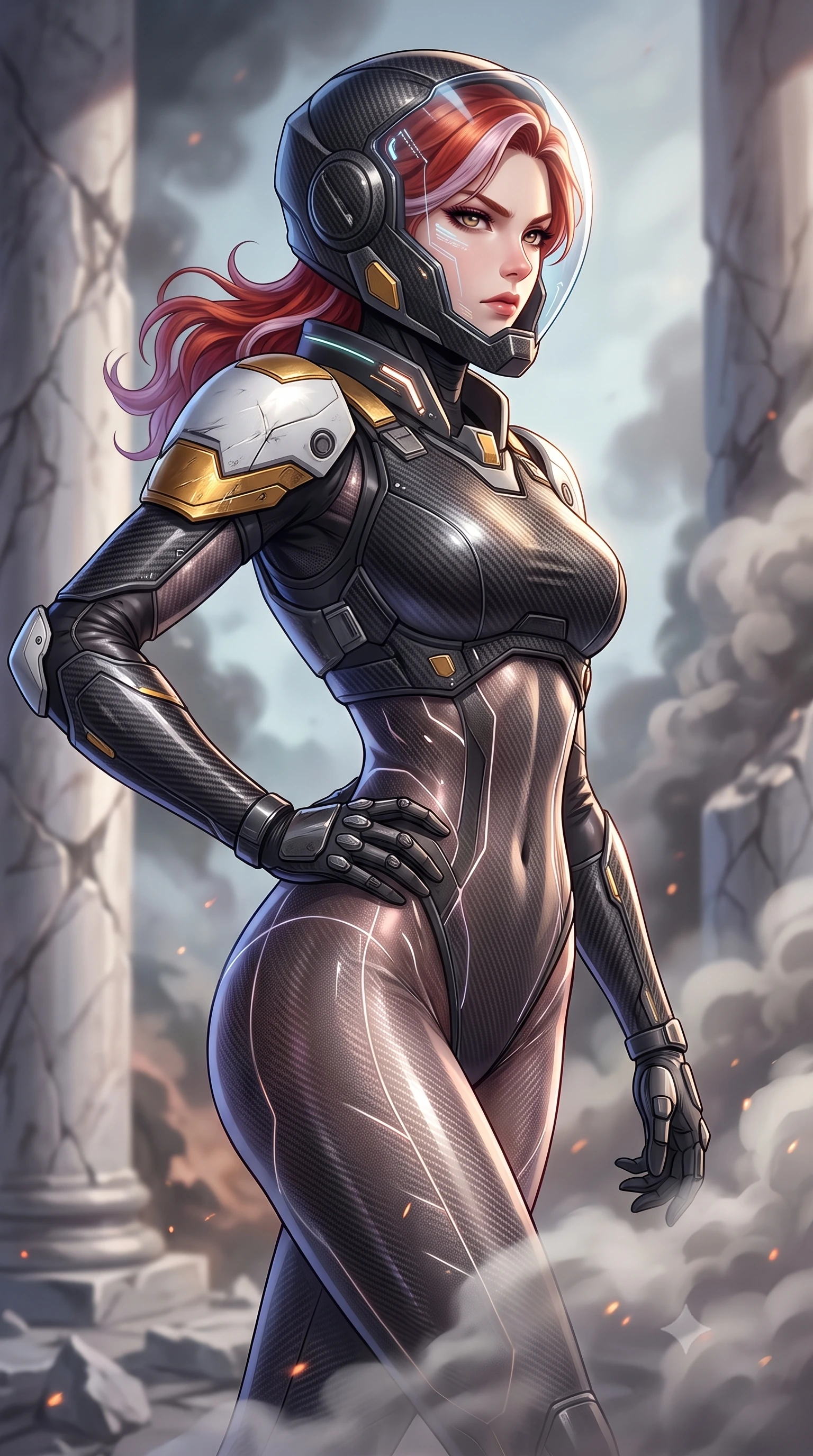 score_9, masterpiece, best quality, ultra-detailed, high-budget anime keyframe, semi-realistic 3D game render, editorial fashion photography, tasteful artistic composition, Caucasian woman. close-up cowboy shot from the waist and thighs up, the character dominates the composition, filling the frame with her large presence. resting one armored hand on her hip while glancing over her shoulder with thick eyelashes and an indomitable, smoldering combat gaze while striding forward through drifting incense and cordite smoke with fierce, regal warrior composure. The composition keeps background elements in soft focus with creamy bokeh. shattered marble pillars and rising smoke plumes softened in dramatic shallow focus. She has an exceptionally elegant, slender, and willowy female figure with an ultra-slim waist, a gracefully sculpted slender torso, toned flat midriff, and a refined slim silhouette. sharp v-shaped jawline, high-bridge nose, intricate jewel-like eyes with depth, thick eyelashes, glossy lips with a natural sheen, fierce and resolute heroine expression, flawlessly proportioned anatomical accuracy, strict slender model proportions, natural body alignment, perfectly sculpted long slender limbs, ultra-slim waistline, clean dynamic posture without body distortion. wearing an open-face aerodynamic carbon-fiber combat helmet with a retracted transparent holographic HUD visor framing her sharp jawline and jewel-like eyes, paired with a heavy modular carbon-fiber combat cuirass paired with a second-skin tactical leotard and reinforced titanium shoulder pauldrons in arctic white carbon composite with scratched solar gold armor plating, crafted from semi-translucent cybernetic carbon-vinyl interwoven with glowing micro-filaments, featuring a sleek aerodynamic collar framed by subtle glowing cybernetic status LEDs, the form-contouring material adhering flawlessly to her sculpted flat midriff and slender torso, emphasizing her long leg lines and perfectly proportioned willowy build. illuminated by crisp directional key light defining her razor-sharp jawline, eyes, and ultra-slim waist. rich saturated anime colors with glowing neon highlights, detailed shading with soft gradients, rich glossy textures, high-contrast stereoscopic depth, volumetric dynamic lighting, master piece, 9:16 ratio
