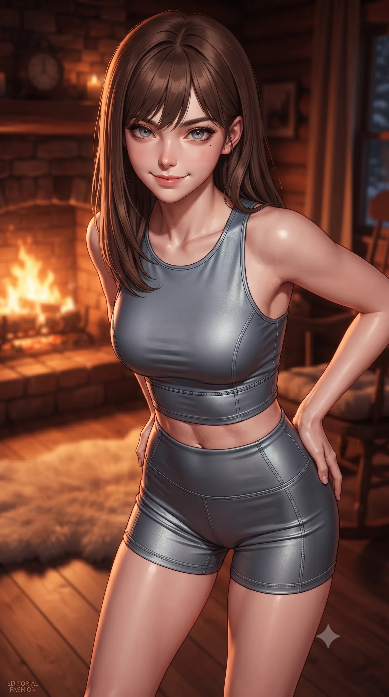 score_9, masterpiece, best quality, ultra-detailed, high-budget anime keyframe, editorial fashion photography, tasteful artistic composition, Korean woman woman. close-up cowboy shot from the waist and thighs up, the character dominates the composition, filling the frame with her large presence, background elements kept in soft focus. leaning slightly forward with a playful, teasing smile, her gaze locked onto the viewer the background shows a soft-focus a cabin corner with a roaring brick fireplace, soft fur rug, and a rocking chair. She has an exceptionally elegant, slender, and willowy female figure with an ultra-slim waist, a gracefully sculpted slender torso, and a refined silhouette. sharp v-shaped jawline, high-bridge nose, intricate jewel-like eyes with depth, thick eyelashes, glossy lips with a natural sheen. wearing a slim-fit body-hugging athletic crop top and high-waisted shorts set in slate grey. the warm orange flicker of the fireplace casting deep, cozy shadows. ultra-reflective glossy finish, specular highlights, metallic sheen, high-contrast stereoscopic depth, volumetric dynamic lighting, 2k, ultra detail, master piece, 9:16 ratio
