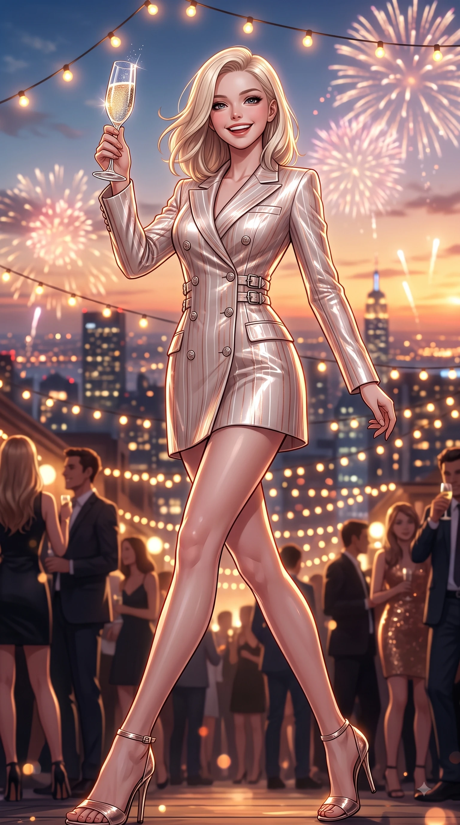 score_9, masterpiece, best quality, ultra-detailed, high-budget anime keyframe, editorial fashion photography, tasteful artistic composition, Caucasian woman. low angle full-body shot from head to toe showing her feet, filling the entire 9:16 vertical frame with her statuesque presence, stretching her vertical silhouette. forging dynamically through the scene with a happy infectious smile, her ultra-slim waist creating a sweeping curve while raising a crystal glass with a radiant bright smile during a sunset rooftop celebration, glistening city lights and warm string fairy lamps creating rich ambient bokeh. She has an absolutely perfect, statuesque 8.5-heads proportion, an exceptionally tall and slender model-like female figure with impossibly long slender legs and an ultra-slim waist. sharp v-shaped jawline, high-bridge nose, intricate jewel-like eyes with depth, thick eyelashes, glossy lips with a natural sheen, flawlessly proportioned anatomical accuracy, natural body alignment, perfectly sculpted elegant limbs, clean dynamic posture without body distortion. wearing a double-breasted blazer dress with subtle metallic pin-stripes in pearl white and rose gold, tailored from high-gloss patent leather, detailed with polished silver buckles along the waistline, the elegant draped fit framing her graceful clavicle and slender torso. bathed in festive firework explosions and warm amber fairy light radiance. ultra-reflective glossy finish, specular highlights, metallic sheen, high-contrast stereoscopic depth, volumetric dynamic lighting, 2k, ultra detail, master piece, 9:16 ratio