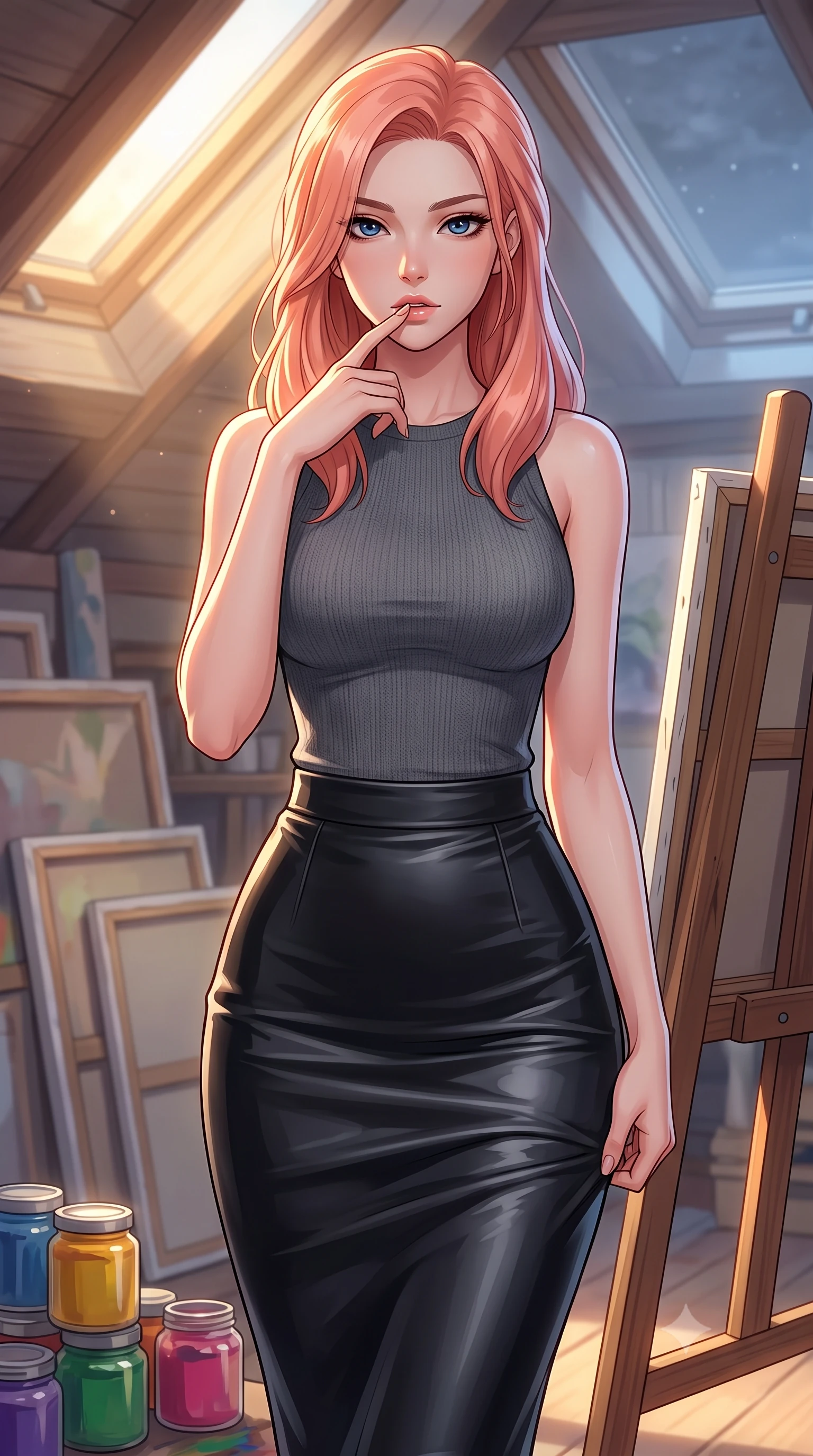 score_9, masterpiece, best quality, ultra-detailed, high-budget anime keyframe, tasteful artistic composition, Japanese woman. close-up cowboy shot from the waist and thighs up, the character dominates the composition, filling the frame with her large presence, background elements kept in soft focus. pressing one finger to her bottom lip in a thoughtful, seductive gesture under the warm sun the background shows a soft-focus an artist's attic studio filled with canvases, paint jars, and a wooden easel near a skylight. She has an exceptionally elegant, slender, and willowy female figure with an ultra-slim waist, a gracefully sculpted slender torso, and a refined silhouette. sharp v-shaped jawline, high-bridge nose, intricate jewel-like eyes with depth, thick eyelashes, glossy lips with a natural sheen. wearing a tailored body-hugging knit top in charcoal grey, paired with a tight-fitting leather midi skirt. cool silver moonlight filtering through the skylight, painting the canvas in a soft wash. highly saturated vibrant anime colors, cel-shading, 2d style, master piece, 9:16 ratio