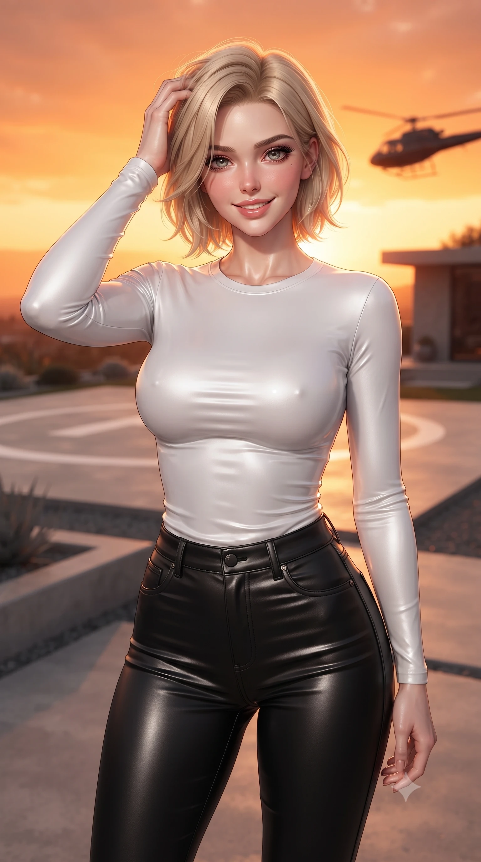 score_9, masterpiece, best quality, ultra-detailed, high-budget anime keyframe, editorial fashion photography, tasteful artistic composition, Caucasian woman. close-up cowboy shot from the waist and thighs up, the character dominates the composition, filling the frame with her large presence, background elements kept in soft focus. smiling with quiet, magnetic self-assurance directly into the camera, running a hand through her hair the background shows a soft-focus a modern villa driveway with a helipad and minimalist concrete landscaping. She has an exceptionally elegant, slender, and willowy female figure with an ultra-slim waist, a gracefully sculpted slender torso, and a refined silhouette. sharp v-shaped jawline, high-bridge nose, intricate jewel-like eyes with depth, thick eyelashes, glossy lips with a natural sheen. wearing a body-hugging tight-fitting long-sleeve tee in pure white, tucked into high-waisted black skinny pants. the dramatic orange glow of a sunset casting long shadows of the helicopter. ultra-reflective glossy finish, specular highlights, metallic sheen, high-contrast stereoscopic depth, volumetric dynamic lighting, 2k, ultra detail, master piece, 9:16 ratio