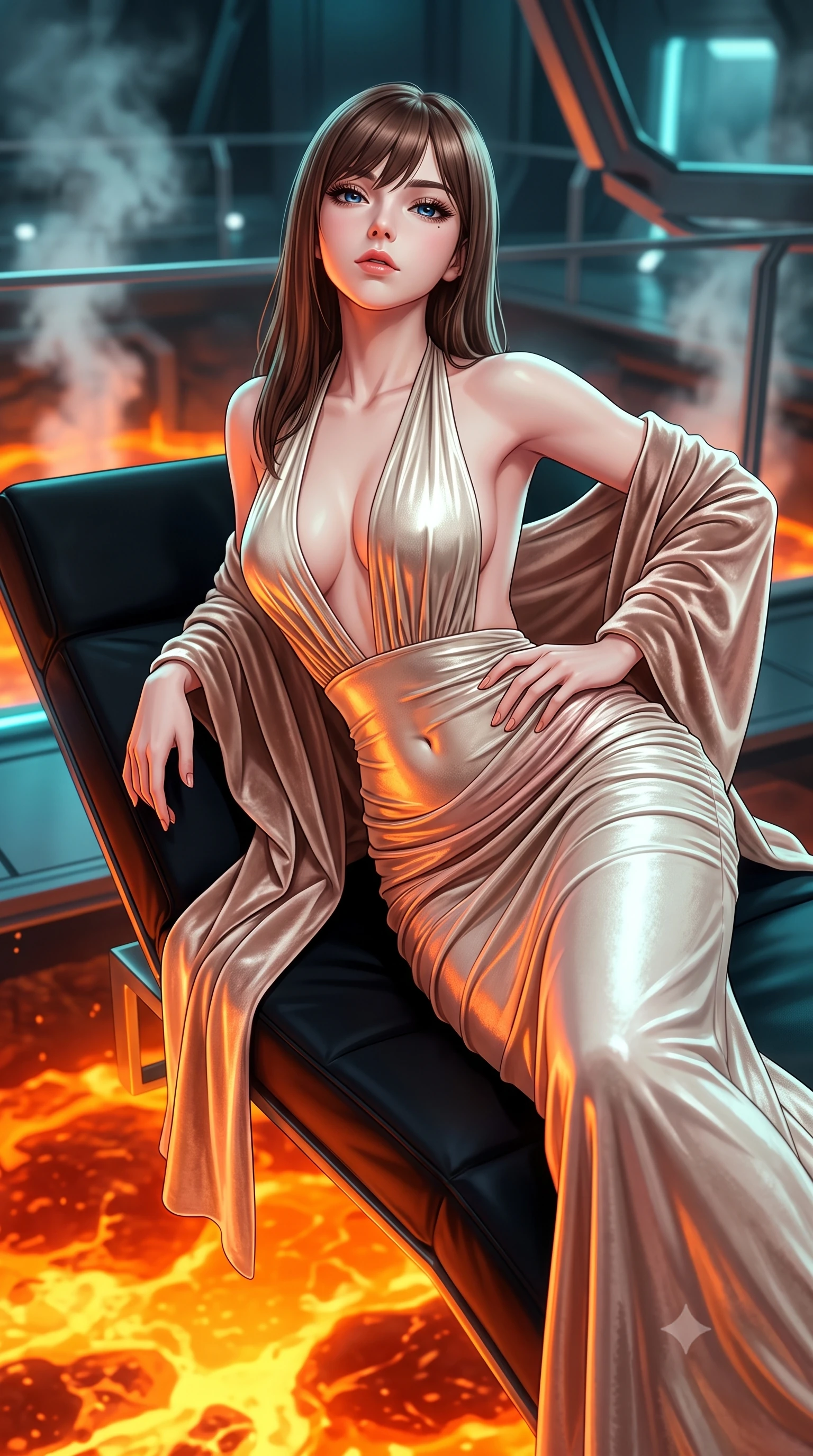 score_9, masterpiece, best quality, ultra-detailed, high-budget anime keyframe, semi-realistic 3D game render, editorial fashion photography, tasteful artistic composition, Korean woman. close-up cowboy shot from the waist and thighs up, the character dominates the composition, filling the frame with her large presence. tilting her chin up with proud, sovereign allure while gazing through thick eyelashes, one hand resting on her waist in pure supermodel charisma while reclining across a cantilevered black obsidian daybed propped on one elbow, her slender waist and feminine hips illuminated by orange geothermal light. The composition keeps background elements in soft focus with creamy bokeh. cryogenic cooling steam plumes and titanium observation gantries softened in dramatic sci-fi shallow focus. She has an exceptionally elegant, slender, and willowy female figure with an ultra-slim waist, flat toned midriff, narrow ribcage, and sculpted feminine hips creating an alluring, slim hourglass silhouette without bulk. sharp v-shaped jawline, high-bridge nose, intricate jewel-like eyes with depth, thick eyelashes, glossy parted lips with a natural sheen, intensely captivating and seductive bedroom-eyes expression, flawlessly proportioned anatomical accuracy, strict slender model proportions, natural body alignment, perfectly sculpted long slender limbs, ultra-slim waistline, clean dynamic posture without body distortion. wearing a plunging halter-neck metallic lamé column dress with a dramatic bare spine and hip-defining ruching in vintage champagne ivory and delicate rose gold, crafted from heavyweight crushed silk velvet with liquid vintage luster, complemented by a plush velvet shawl draped loosely over her elbows, the second-skin form-contouring cut accentuating her sculpted flat midriff, narrow delicate ribcage, and gracefully curvy hips with supermodel precision. bathed in intense, warm fiery amber and crimson uplight from the lava pool contrasting with cool cyan interior spot fills. highly saturated vibrant anime colors, detailed shading with soft gradients, rich glossy textures, high-contrast stereoscopic depth, volumetric dynamic lighting, master piece, 9:16 ratio