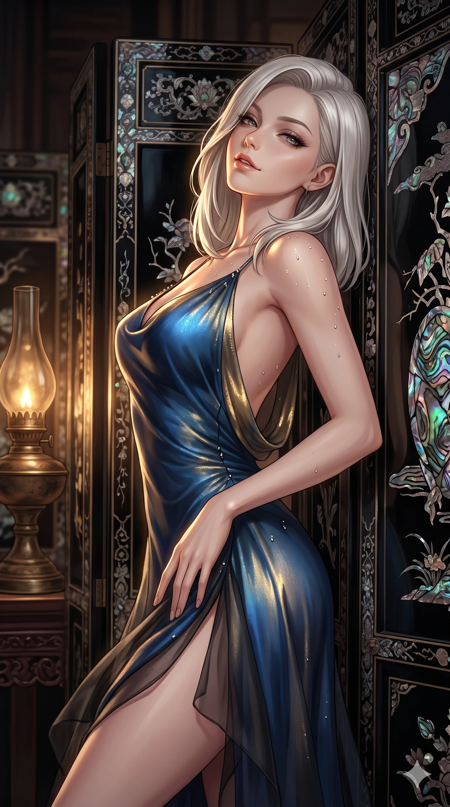 score_9, masterpiece, best quality, ultra-detailed, high-budget anime keyframe, editorial fashion photography, tasteful artistic composition, Caucasian woman. close-up cowboy shot from the waist and thighs up, the character dominates the composition, filling the frame with her large presence. tilting her head with a teasing half-smile, running one hand slowly down the side of her hip in a flirtatious S-curve as ambient light caresses her silhouette while lounging against an opulent mother-of-pearl black lacquer screen, arching her lower back with magnetic femme fatale elegance. The surrounding environment is rendered in vivid detail and crisp panoramic clarity: sharp iridescent abalone shell inlay edges, deep mirror-like black lacquer gloss, and bronze oil lamp patina in deep focus. She has an exceptionally elegant, slender, and willowy female figure with an ultra-slim waist, flat toned midriff, narrow ribcage, and sculpted feminine hips creating an alluring, slim hourglass silhouette without bulk. sharp v-shaped jawline, high-bridge nose, sparkling eyes with hypnotic seductive depth, thick curled eyelashes, glossy parted lips with a natural dewy peach sheen, alluring bedroom-eyes with an enchanting coquettish smile, exuding magnetic siren charisma and sophisticated glamour, flawlessly proportioned anatomical accuracy, strict slender model proportions, natural body alignment, perfectly sculpted long slender limbs, ultra-slim waistline, clean dynamic posture without body distortion. wearing a form-contouring gossamer silk chiffon slip dress with hip-high slit and open cowl back clinging with evening mist in deep ocean cobalt and shimmering gold leaf, crafted from layered gossamer black nobang organza with weightless, smoky flutter, finished with glistening drops of night dew beading across her sculpted shoulders and flat midriff, the impeccably tailored cut draping gracefully along her slender figure with aristocratic eastern poise. illuminated by mother-of-pearl screen iridescence bounce and sharp gold-pearl rim lights sculpting her razor-sharp jawline, narrow waist, and curvy hips. ultra-reflective glossy finish, specular highlights, rich textural contrasts, high-contrast stereoscopic depth, volumetric dynamic lighting, 2k, ultra detail, master piece, 9:16 ratio