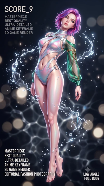 score_9, masterpiece, best quality, ultra-detailed, high-budget anime keyframe, semi-realistic 3D game render, editorial fashion photography, tasteful artistic composition, Caucasian woman. low angle full-body shot from head to toe showing her feet, 