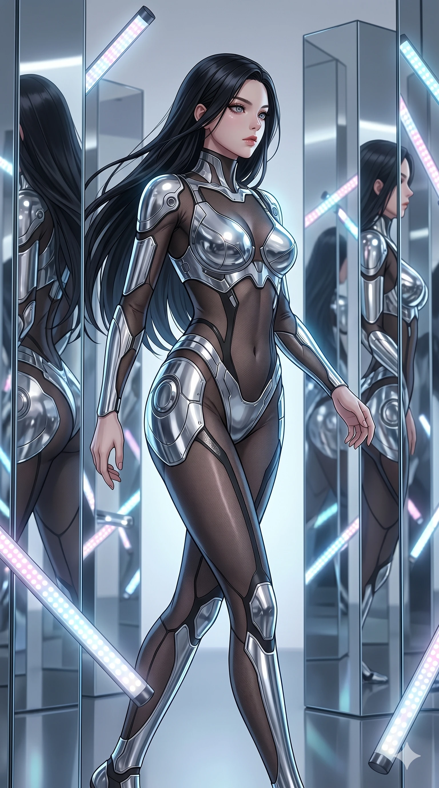 score_9, masterpiece, best quality, ultra-detailed, high-budget anime keyframe, Korean woman. upper body close-up from the thighs up, character filling the screen for maximum presence. navigating a kinetic light-sculpture mirror maze, passing between floating chromium mirror pillars and rotating LED sticks. She has an absolutely perfect 8-heads proportion, an exceptionally tall and slender female figure with impossibly long slender legs and an ultra-slim waist. V-shaped jawline, high-bridge nose, intricate jewel-like eyes with depth, thick eyelashes, glossy lips with a natural sheen.. wearing a bionic chrome plate bodysuit, featuring silver chrome plates covering the bust and hips, connected by sheer black mesh panels. lit by a soft glowing ambient light and a sharp side key light that traces the sleek contours of her athletic build. 2k, ultra detail, master piece, 9:16 ratio
