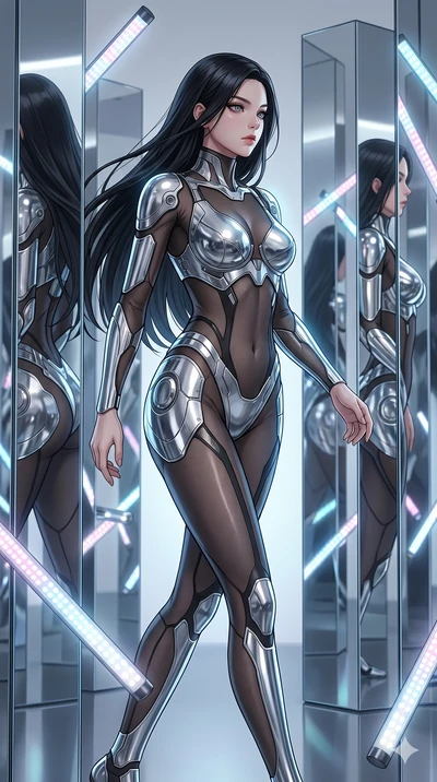 score_9, masterpiece, best quality, ultra-detailed, high-budget anime keyframe, Korean woman. upper body close-up from the thighs up, character filling the screen for maximum presence. navigating a kinetic light-sculpture mirror maze, passing between