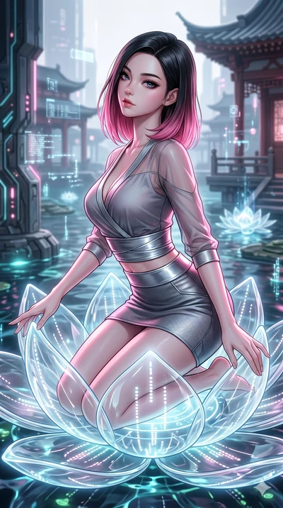 score_9, masterpiece, best quality, ultra-detailed, high-budget anime keyframe, Korean woman. Upper body close-up from the thighs up, character filling the screen for maximum presence. She is kneeling on a giant glowing glass lotus blossom floating i