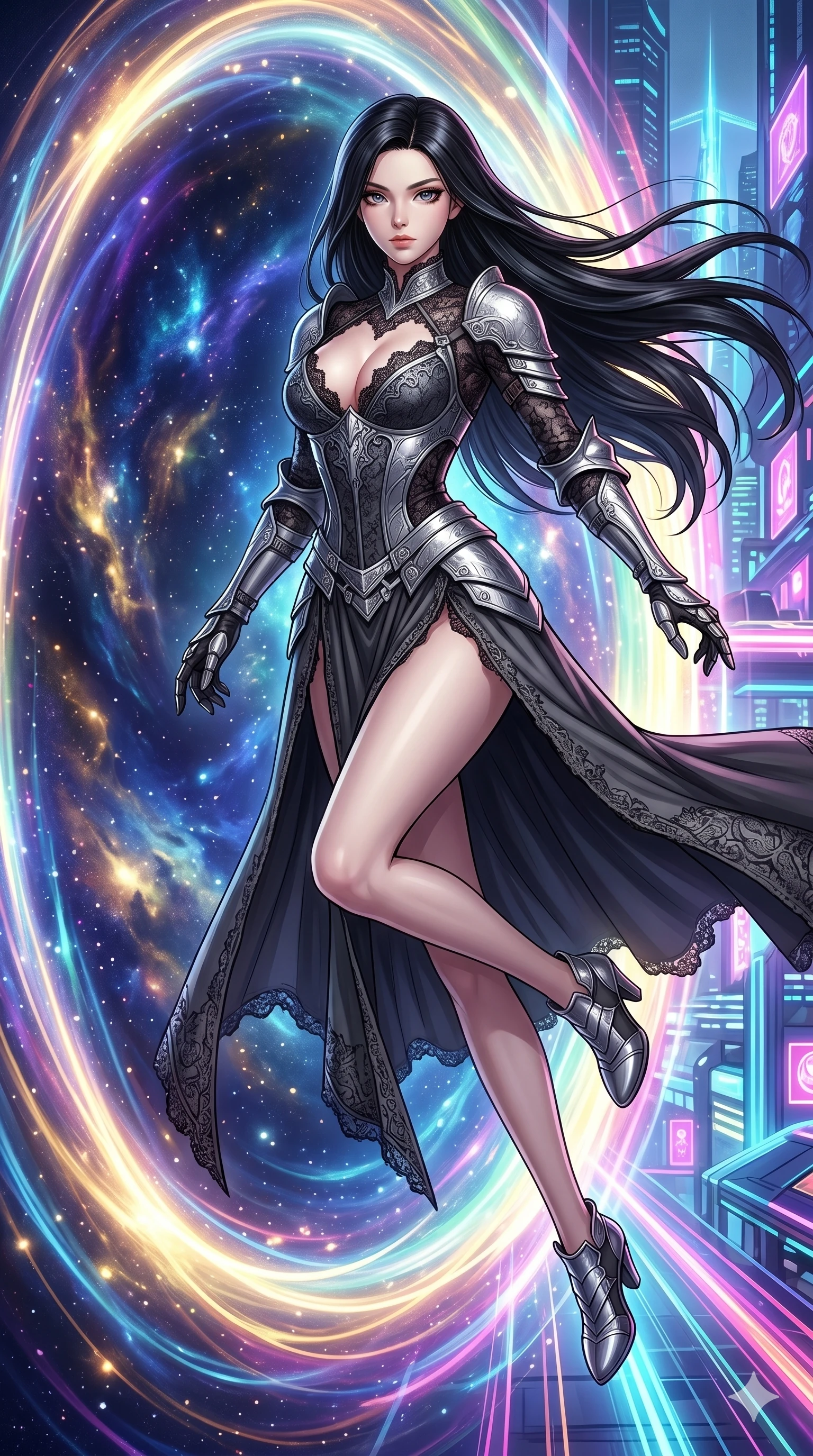 score_9, masterpiece, best quality, ultra-detailed, High-budget Anime Keyframe, beautiful Japanese anime girl. Low angle cowboy shot filling the entire 9:16 frame with her statuesque presence. Leaping through a portal made of swirling light and color into a futuristic city. She has an absolutely perfect 8-heads proportion, an exceptionally tall and slender female figure with impossibly long slender legs and an ultra-slim waist. Sharp v-shaped jawline, high-bridge nose, intricate jewel-like eyes with depth, thick eyelashes, glossy lips with a natural sheen. Wearing a Dark Fantasy outfit: gothic charcoal lace corset gown with silver armor and a plunging neckline. Background is a bright and colorful transition between a cosmic void and a neon-lit metropolis. 2k, ultra detail, master piece, 9:16 ratio