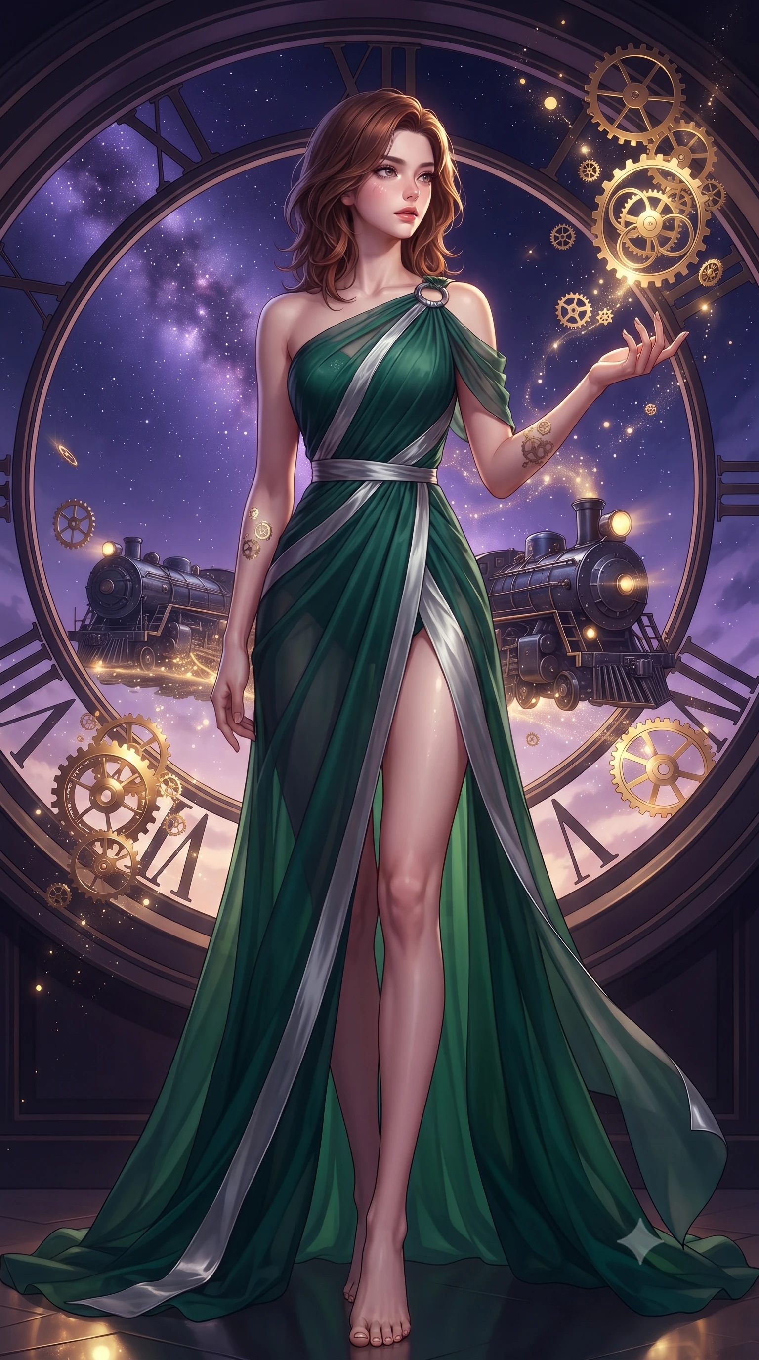 score_9, masterpiece, best quality, ultra-detailed, high-budget anime keyframe, editorial fashion photography, tasteful artistic composition, Korean woman. low angle full-body shot from head to toe showing her feet, filling the entire 9:16 vertical frame with her statuesque presence, stretching her vertical silhouette. interacting gracefully with the magical floating elements while maintaining a confident posture gazing out a massive circular clock window at a twilight galaxy express train, floating brass gears and clocksprings casting intricate metallic reflections. She has an absolutely perfect, statuesque 8.5-heads proportion, an exceptionally tall and slender model-like female figure with impossibly long slender legs and an ultra-slim waist. sharp v-shaped jawline, high-bridge nose, intricate jewel-like eyes with depth, thick eyelashes, glossy lips with a natural sheen. wearing an asymmetrical Grecian draped chiffon gown with a metallic shoulder ring in deep emerald green and silver accent, woven from fine semi-opaque sheer organza, accented with a Tasteful chest slit framing her clavicle gracefully, the sleek second-skin texture accentuating her magnetic presence. lit by a contrast of deep violet sky and radiant golden mechanical light. ultra-reflective glossy finish, specular highlights, metallic sheen, high-contrast stereoscopic depth, volumetric dynamic lighting, 2k, ultra detail, master piece, 9:16 ratio