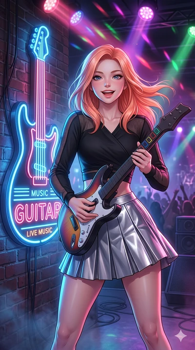 score_9, masterpiece, best quality, ultra-detailed, high-budget anime keyframe, Japanese woman. Upper body close-up from the thighs up, character filling the screen for maximum presence. Standing next to a retro neon guitar sign in a music club, hold
