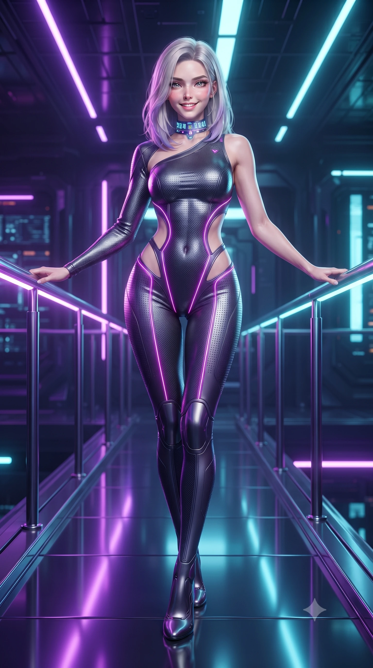 score_9, masterpiece, best quality, ultra-detailed, high-budget anime keyframe, editorial fashion photography, tasteful artistic composition, Caucasian woman. low angle full-body shot from head to toe showing her feet, filling the entire 9:16 vertical frame with her statuesque presence, stretching her vertical silhouette. standing in a tall, confident posture with one hand on a glowing metal railing, stretching her statuesque body as she arches her lower back to emphasize her sculpted feminine hips and slender waist while standing poised in the center of the reflective vault floor, her tight combat suit and statuesque presence commanding the futuristic tech cathedral. The surrounding environment is rendered in vivid detail and crisp panoramic clarity: detailed carbon armor plates, fine nano-mesh sheen, and cutting-edge data facility architecture in razor-sharp precision. She has an absolutely perfect, statuesque 8.5-heads proportion, an exceptionally tall and slender model-like female figure with impossibly long slender legs, an ultra-slim waist, a flat toned midriff, narrow delicate ribcage, and beautifully sculpted feminine hips creating a graceful, slim hourglass silhouette without any bulky heaviness. sharp v-shaped jawline, high-bridge nose, intricate jewel-like sparkling eyes with depth, thick eyelashes, glossy parted lips with a natural sheen, bright confident smile with an enchanting and coquettish sensual glint, exuding both youthful magnetic charm and sovereign high-tech allure, flawlessly proportioned anatomical accuracy, strict slender model proportions, natural body alignment, perfectly sculpted long slender limbs, ultra-slim waistline, clean dynamic posture without body distortion. wearing an asymmetric one-shoulder combat catsuit with carbon-weave paneling and an open-waist architecture emphasizing her hips in deep titanium gunmetal and radiant magenta neon, made of high-grade ballistic nylon with precision laser-cut perforations, complemented by a high-tech holographic choker projecting miniature glyphs, the aerodynamic second-skin silhouette tightly following the natural contour of her hips and long slender legs with youthful 8.5-heads elegance. bathed in high-contrast neon laser lines of violet and cyan reflecting off glossy surfaces. ultra-reflective glossy finish, specular highlights, rich textural contrasts, high-contrast stereoscopic depth, volumetric dynamic lighting, 2k, ultra detail, master piece, 9:16 ratio