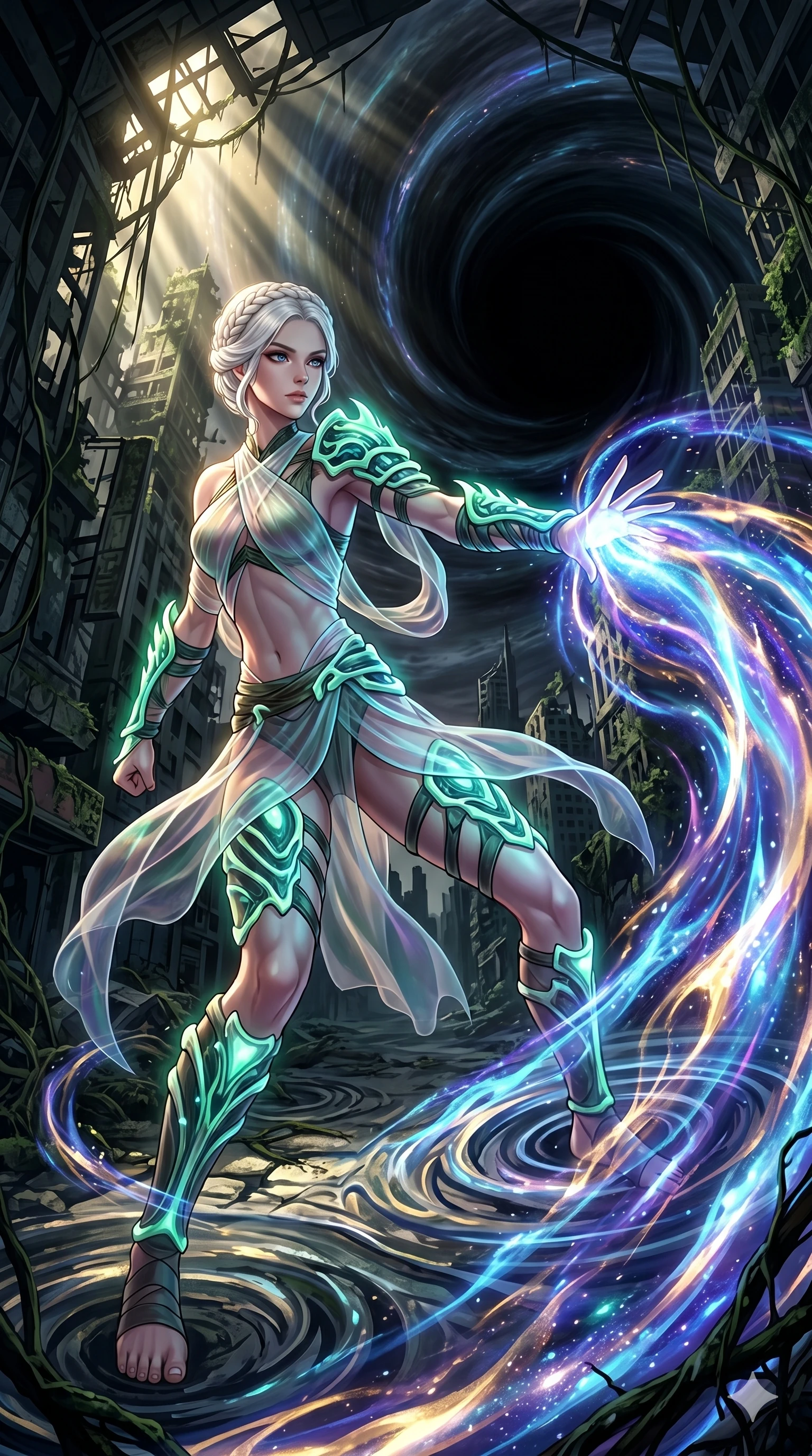 score_9, masterpiece, best quality, ultra-detailed, Set A: High-budget Anime Keyframe, Caucasian (human ears) woman. Low angle cowboy shot filling the entire 9:16 frame with her statuesque presence. Theme: Urban Decay. unleashing a massive energy wave in the edge of a black hole, as she steps on ripples of time that distort the space 271. The atmosphere is filled with cinematic sunlight through leaves. She has an absolutely perfect 8-heads proportion, an exceptionally tall and slender female figure with impossibly long slender legs and an ultra-slim waist. Sharp v-shaped jawline, high-bridge nose, intricate jewel-like eyes with depth, glossy lips. Wearing Primal jungle-warrior outfit with bioluminescent bone-armor and sheer silk wraps. Cinematic lighting, vivid colors, dramatic shadows, 2k, ultra detail, master piece, 9:16 ratio