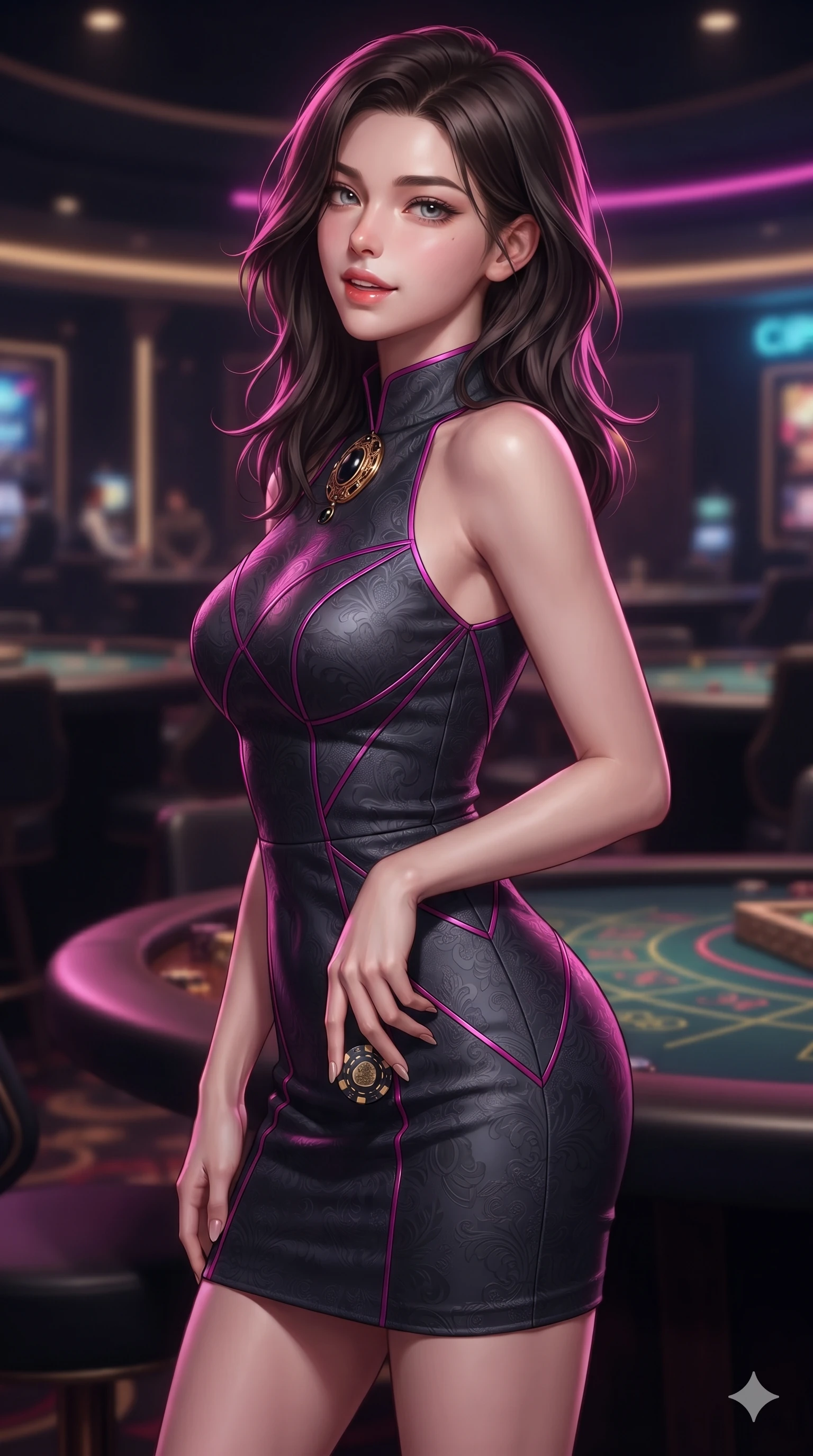 score_9, masterpiece, best quality, ultra-detailed, high-budget anime keyframe, editorial fashion photography, tasteful artistic composition, Korean woman. close-up cowboy shot from the waist and thighs up, the character dominates the composition, filling the frame with her large presence. tilting her head with a teasing half-smile, running one hand slowly down the side of her hip in a flirtatious S-curve as ambient neon caresses her silhouette while glancing over a bare shoulder with parted glossy lips as she toys with a high-denomination casino chip with long manicured fingers. The background shows a soft-focus ultra-exclusive VIP casino salon softened in luxury gaming shallow focus. She has an exceptionally elegant, slender, and willowy female figure with an ultra-slim waist, flat toned midriff, narrow ribcage, and sculpted feminine hips creating an alluring, slim hourglass silhouette without bulk. sharp v-shaped jawline, high-bridge nose, intricate jewel-like dark sparkling eyes with dangerous depth, thick curled eyelashes, glossy parted lips with a rich wine sheen, smoldering seductive half-smile with bedroom-eyes, exuding effortless superiority and intoxicating dark allure, flawlessly proportioned anatomical accuracy, strict slender model proportions, natural body alignment, perfectly sculpted long slender limbs, ultra-slim waistline, clean dynamic posture without body distortion. wearing a bespoke structured mock-neck evening sheath dress with crisp geometric seams in wet asphalt charcoal and neon magenta reflections, tailored from rich silk jacquard with subtle embossed baroque patterns, finished with an authentic engraved gold medallion and obsidian cabochons, the bespoke structured tailoring following the natural line of her 8.5-heads silhouette with refined elegance. illuminated by polished mahogany table bounce and sharp champagne-gold rim lights sculpting her razor-sharp jawline, narrow waist, and curvy hips. ultra-reflective glossy finish, specular highlights, rich textural contrasts, high-contrast stereoscopic depth, volumetric dynamic lighting, 2k, ultra detail, master piece, 9:16 ratio