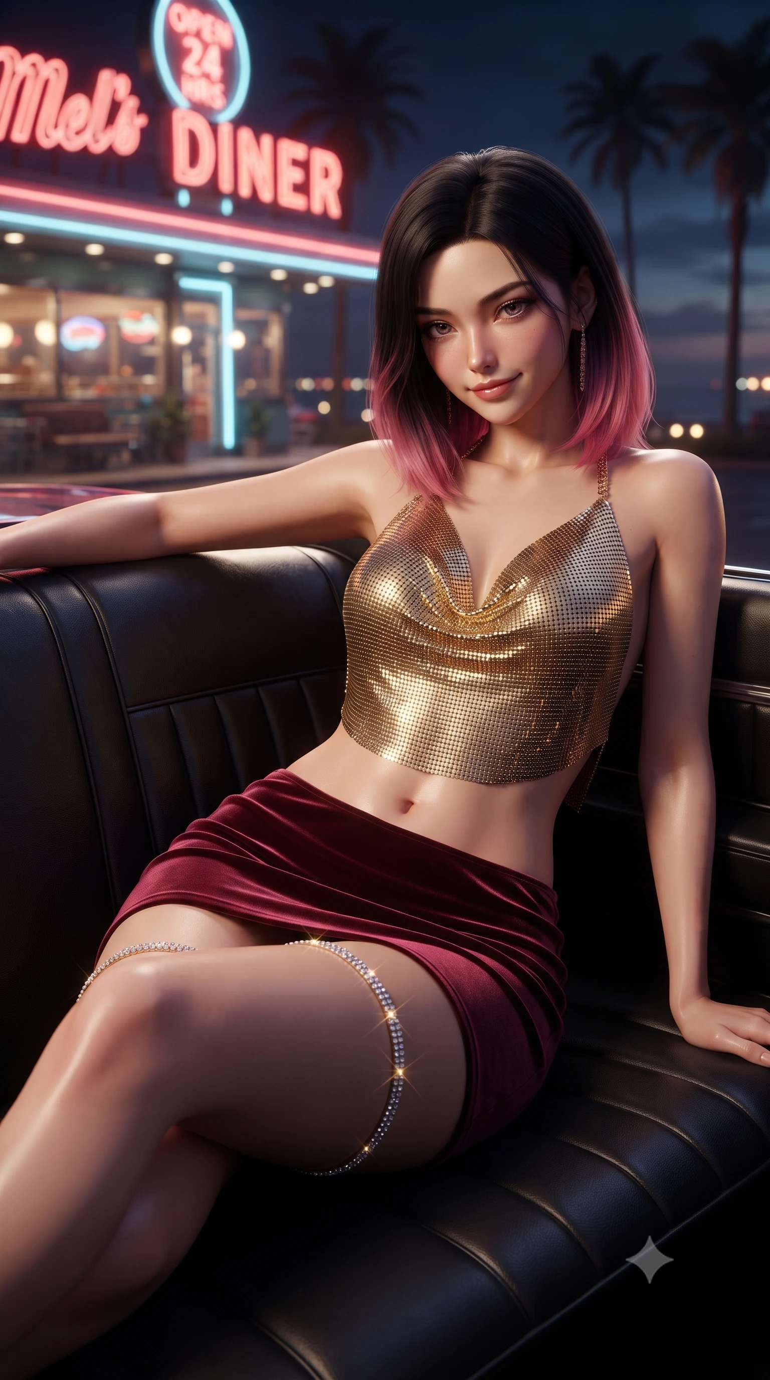 score_9, masterpiece, best quality, ultra-detailed, high-budget anime keyframe, editorial fashion photography, tasteful artistic composition, Korean woman. close-up cowboy shot from the waist and thighs up, the character dominates the composition, filling the frame with her large presence. tilting her head with a teasing half-smile, running one hand slowly down the side of her hip in a flirtatious S-curve as ambient light caresses her silhouette while lounging across the leather back seat of the convertible with legs crossed, looking over the windshield with smoldering bedroom-eyes. The background shows a soft-focus the retro neon-lit diner facade, palm tree silhouettes, and Pacific Ocean horizon blurred into strawberry, turquoise, and gold bokeh. She has an exceptionally elegant, slender, and willowy female figure with an ultra-slim waist, flat toned midriff, narrow ribcage, and sculpted feminine hips creating an alluring, slim hourglass silhouette without bulk. sharp v-shaped jawline, high-bridge nose, sparkling eyes with hypnotic seductive depth, thick curled eyelashes, glossy parted lips with a natural dewy peach sheen, alluring bedroom-eyes with an enchanting coquettish smile, exuding magnetic siren charisma and sophisticated glamour, flawlessly proportioned anatomical accuracy, strict slender model proportions, natural body alignment, perfectly sculpted long slender limbs, ultra-slim waistline, clean dynamic posture without body distortion. wearing a liquid gold chainmail cowl halter top paired with an ultra-low-rise velvet mini skirt in smoky bordeaux wine and gilded bronze, crafted from fluid liquid silk satin that clings smoothly to every curve with a dewy sheen, accented with a delicate crystal-encrusted thigh garter strap glinting under the lights, the second-skin tailored fabric adhering flawlessly to her sculpted flat midriff and slender torso, emphasizing her long leg lines and perfectly proportioned willowy build. illuminated by car hood specular bounce and sharp warm-gold rim lights sculpting her jawline, flat midriff, and voluptuous hip curves. ultra-reflective glossy finish, specular highlights, rich textural contrasts, high-contrast stereoscopic depth, volumetric dynamic lighting, 2k, ultra detail, master piece, 9:16 ratio