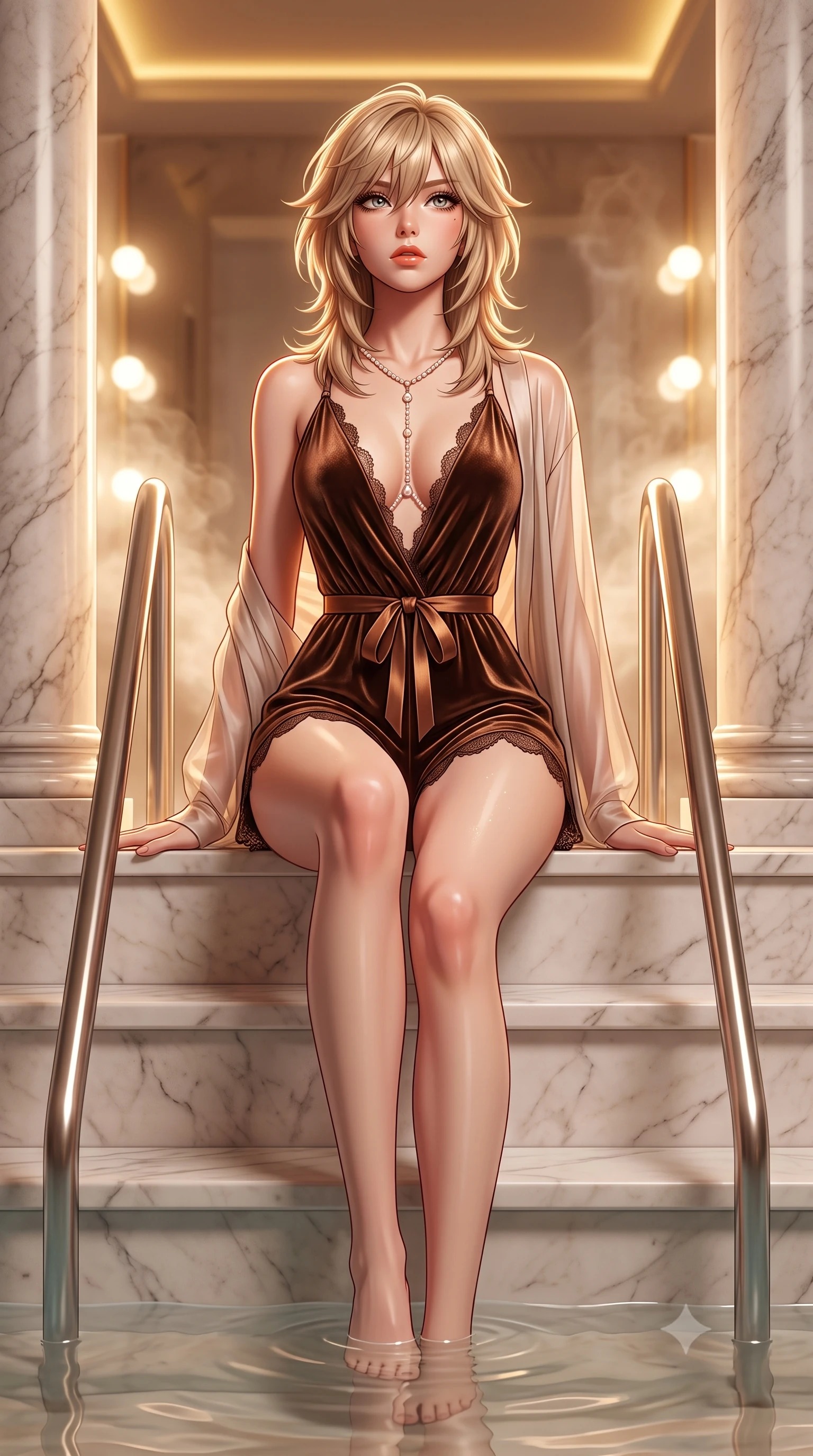 score_9, masterpiece, best quality, ultra-detailed, high-budget anime keyframe, semi-realistic 3D game render, editorial fashion photography, tasteful artistic composition, Japanese woman. low angle full-body shot from head to toe showing her feet, filling the entire 9:16 vertical frame with her statuesque presence, stretching her vertical silhouette. sitting poised on the marble pool stairs with water lapping at her thighs, arching her spine with supermodel elegance as she glances upward through thick eyelashes while standing poised between twin marble columns with hips cocked back, a sheer silk robe slipping off bare shoulders as warm steam drifts through the suite. The background shows a soft-focus aromatic bath steam and soft vanity bulb glows softened in ultra-luxury boudoir shallow focus. She has an absolutely perfect, statuesque 8.5-heads proportion, an exceptionally tall and slender model-like female figure with impossibly long slender legs, an ultra-slim waist, a flat toned midriff, narrow delicate ribcage, and beautifully sculpted feminine hips creating a graceful, slim hourglass silhouette without any bulky heaviness. sharp v-shaped jawline, high-bridge nose, sparkling eyes with hypnotic seductive depth, thick curled eyelashes, glossy parted lips with a natural dewy peach sheen, alluring bedroom-eyes with an enchanting coquettish smile, exuding magnetic siren charisma and sophisticated high-fashion glamour, flawlessly proportioned anatomical accuracy, strict slender model proportions, natural body alignment, perfectly sculpted long slender limbs, ultra-slim waistline, clean dynamic posture without body distortion. wearing a plunge-neck stretch velvet romper with scalloped eyelash-lace hems and a cinched waist ribbon in sultry espresso bronze and metallic copper, tailored from ultra-plush velvet with rich tactile depth and deep shadow gradients, accented with a pearl-drop body harness subtly framing her dewy collarbones and spine, the liquid-tight tailored fabric clinging flawlessly to her narrow waist and rounded feminine hips, emphasizing every millimeter of her sculpted slim hourglass curves without any bulky heaviness. bathed in warm 2700K Hollywood-style perimeter mirror lighting and ambient gold cove glow. highly saturated vibrant anime colors, detailed shading with soft gradients, rich glossy textures, high-contrast stereoscopic depth, volumetric dynamic lighting, master piece, 9:16 ratio