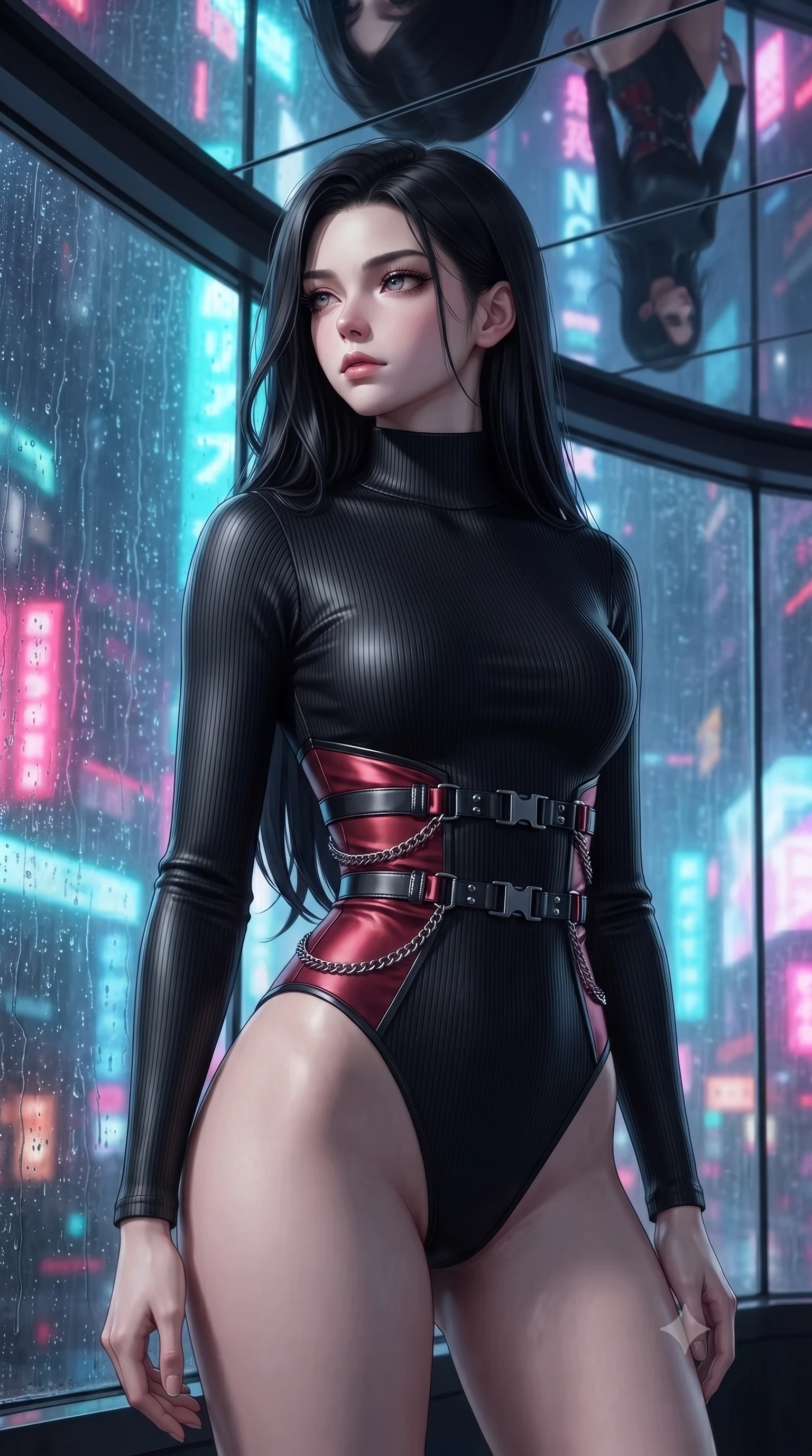 score_9, masterpiece, best quality, ultra-detailed, high-budget anime keyframe, editorial fashion photography, tasteful artistic composition, Korean woman. close-up cowboy shot from the waist and thighs up, the character dominates the composition, filling the frame with her large presence, background elements kept in soft focus. Casting a slow, direct gaze beneath heavy lashes with quiet intensity, poised near a rain-streaked panoramic window looking out over a neon metropolis, mirror ceiling reflecting her statuesque figure and neon arcs in high resolution. She has an exceptionally elegant, slender, and willowy female figure with an ultra-slim waist, a gracefully sculpted slender torso, and a refined silhouette. sharp v-shaped jawline, high-bridge nose, intricate jewel-like eyes with depth, thick eyelashes, glossy lips with a natural sheen. wearing sleek high-neck ribbed activewear bodysuit in matte black in pitch-black onyx, made of soft crimson satin, framed by dark titanium buckles and silver chain details, the fitted fabric emphasizing her ultra-slim waist. bathed in high-contrast specular reflections from mirror ceilings. ultra-reflective glossy finish, specular highlights, metallic sheen, high-contrast stereoscopic depth, volumetric dynamic lighting, 2k, ultra detail, master piece, 9:16 ratio