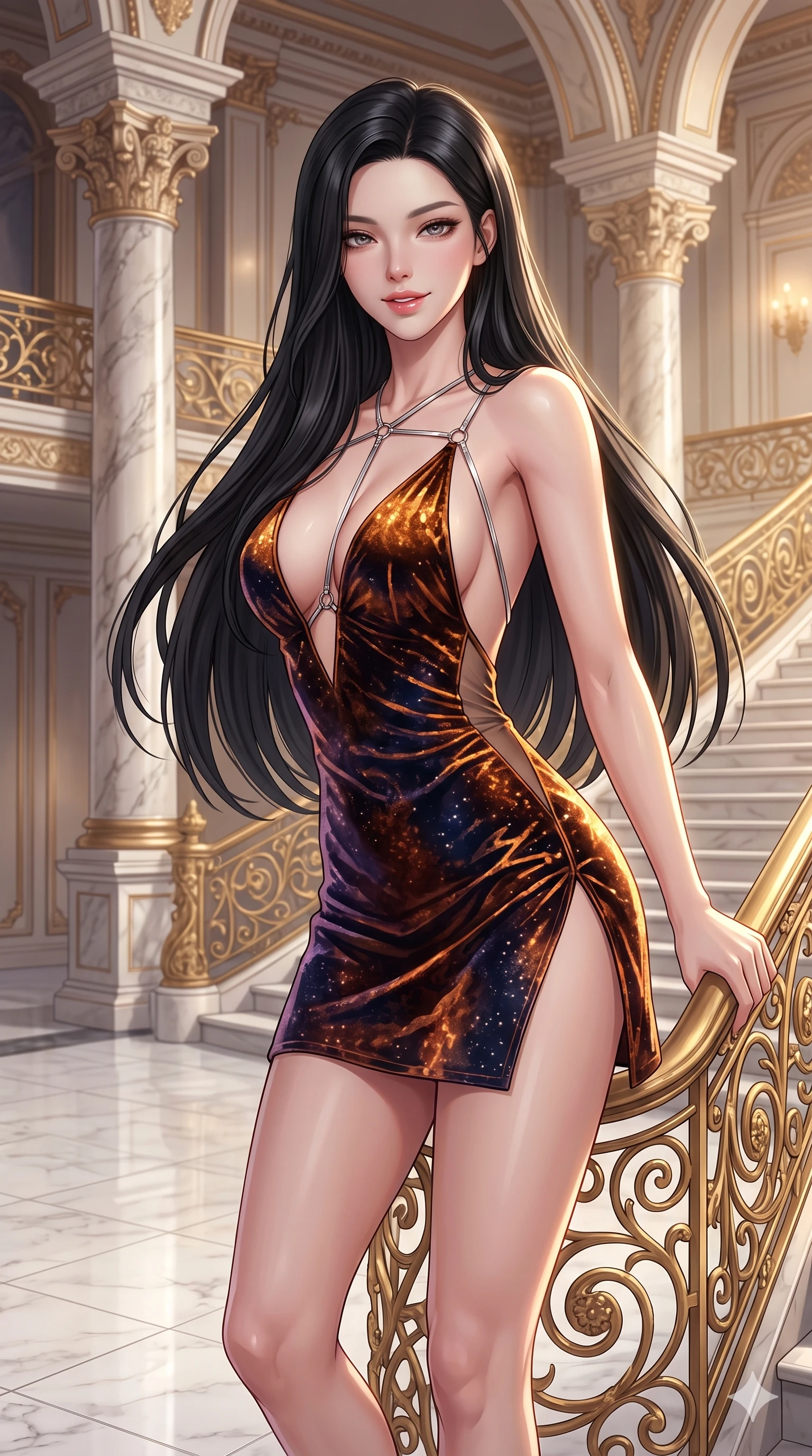 score_9, masterpiece, best quality, ultra-detailed, high-budget anime keyframe, semi-realistic 3D game render, editorial fashion photography, tasteful artistic composition, Korean woman. close-up cowboy shot from the waist and thighs up, the character dominates the composition, filling the frame with her large presence. leaning forward while arching her lower back to accentuate her curvy hips, looking into the camera with an intoxicating smoldering gaze and bedroom-eyes while twisting her slender torso in an alluring S-curve while holding the gilded filigree banister, flashing an intoxicating smile with parted glossy lips. The surrounding environment is rendered in vivid detail and crisp panoramic clarity: intricate second-skin silk jersey tailoring, sheer side mesh panels, and monumental neoclassical architecture in razor-sharp clarity. She has an exceptionally elegant, slender, and willowy female figure with an ultra-slim waist, flat toned midriff, narrow ribcage, and sculpted feminine hips creating an alluring, slim hourglass silhouette without bulk. sharp v-shaped jawline, high-bridge nose, intricate jewel-like sparkling eyes with depth, thick eyelashes, glossy parted lips with a natural sheen, intensely captivating and seductive bedroom-eyes expression, exuding both youthful cute charm and sovereign luxury allure, flawlessly proportioned anatomical accuracy, strict slender model proportions, natural body alignment, perfectly sculpted long slender limbs, ultra-slim waistline, clean dynamic posture without body distortion. wearing a backless crushed velvet mini dress with a deep plunging neckline and hip-high thigh slit in cosmic eclipse amber and starlight diamond, crafted from bespoke double-faced cashmere with an exceptionally soft tactile finish, accented with a chrome-drop body harness subtly framing her dewy collarbones and spine, the bespoke structured tailoring following the natural line of her 8.5-heads silhouette with refined elegance. illuminated by white marble floor bounce and sharp diamond-gold rim lights carving her sculpted collarbones, ultra-slim waist, and curvy hips. highly saturated vibrant anime colors, detailed shading with soft gradients, rich glossy textures, high-contrast stereoscopic depth, volumetric dynamic lighting, master piece, 9:16 ratio
