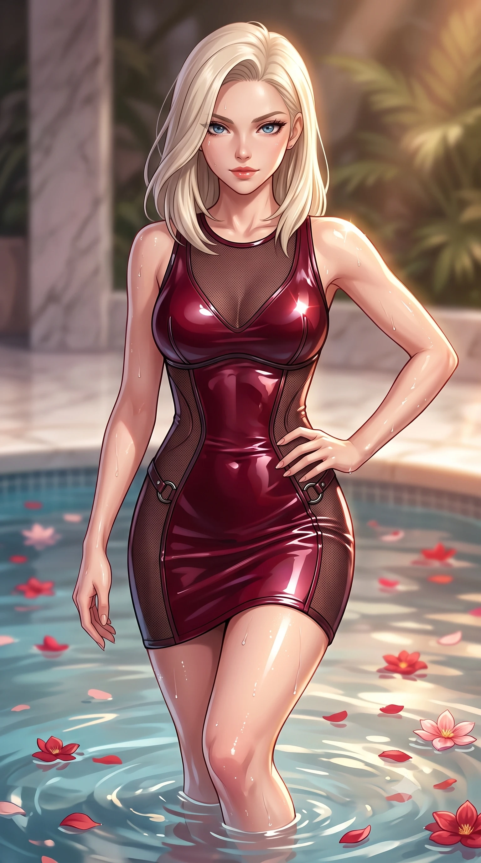 score_9, masterpiece, best quality, ultra-detailed, high-budget anime keyframe, editorial fashion photography, tasteful artistic composition, Caucasian woman. close-up cowboy shot from the waist and thighs up, the character dominates the composition, filling the frame with her large presence, background elements kept in soft focus. Holding a confident power pose with one hand on her hip, stepping gracefully into a warm pool floating with delicate red and pink petals, dewy moisture on her skin catching sharp specular glints from warm spotlights. She has an exceptionally elegant, slender, and willowy female figure with an ultra-slim waist, a gracefully sculpted slender torso, and a refined silhouette. sharp v-shaped jawline, high-bridge nose, intricate jewel-like eyes with depth, thick eyelashes, glossy lips with a natural sheen. wearing precision-fitted bodycon dress in high-gloss liquid vinyl in deep crimson burgundy, made of fine dark contouring mesh, trimmed with dark chrome ring hardware along the waist contours, the fitted fabric emphasizing her ultra-slim waist. lit by clear warm key rays highlighting her refined facial features. highly saturated vibrant anime colors, detailed shading with soft gradients, rich glossy textures, high-contrast stereoscopic depth, volumetric dynamic lighting, master piece, 9:16 ratio